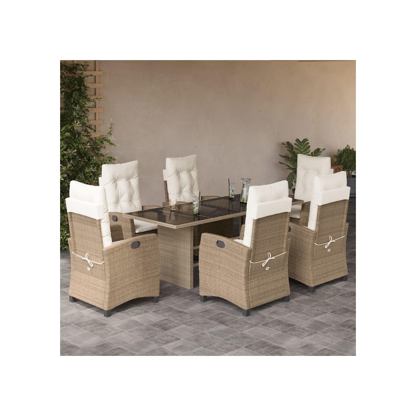Ensemble à manger de jardin et coussins 7 pcs beige poly rotin