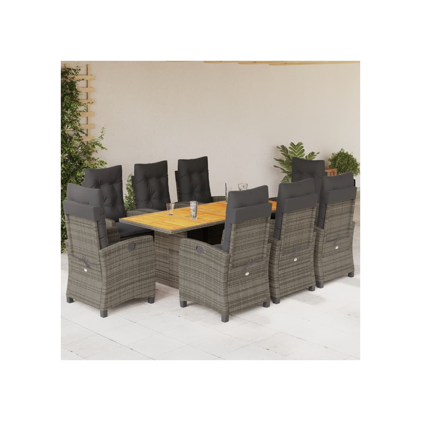 Ensemble à manger de jardin 9 pcs coussins gris résine tressée