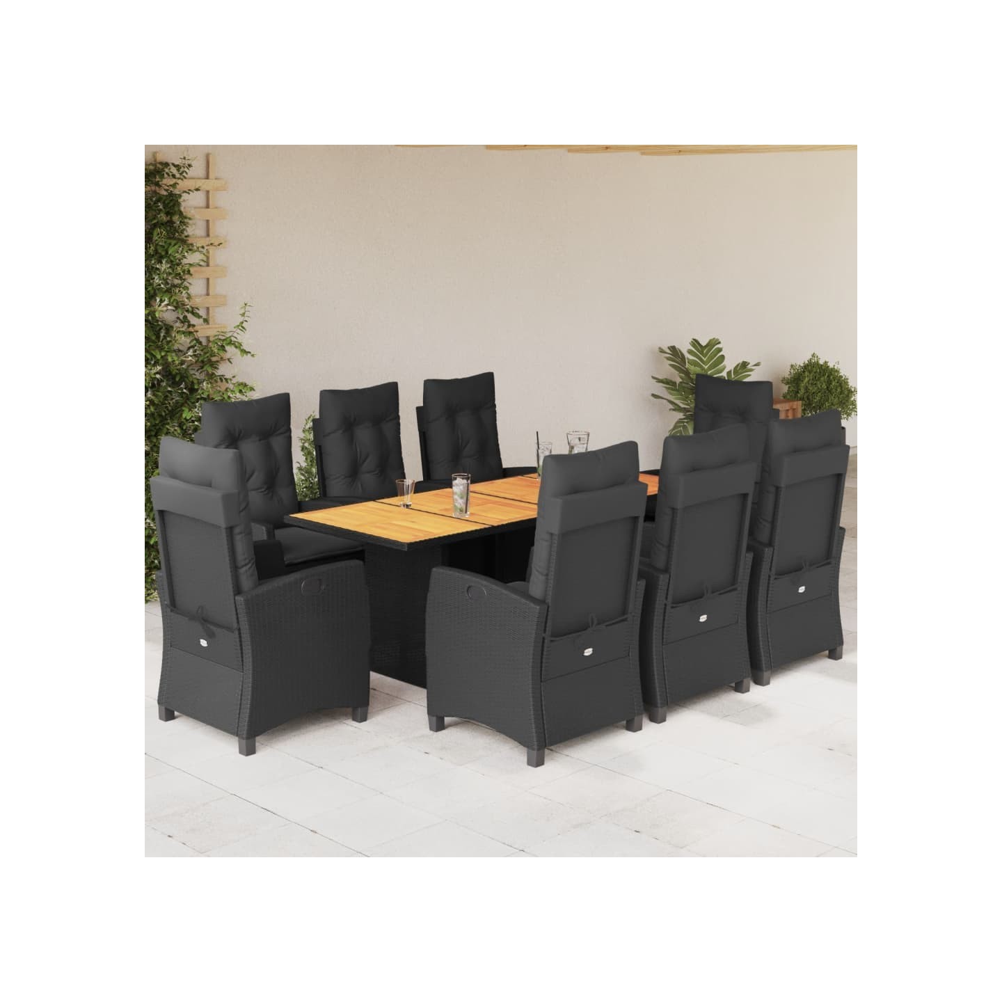 Ensemble à manger de jardin 9pcs coussins noir résine tressée