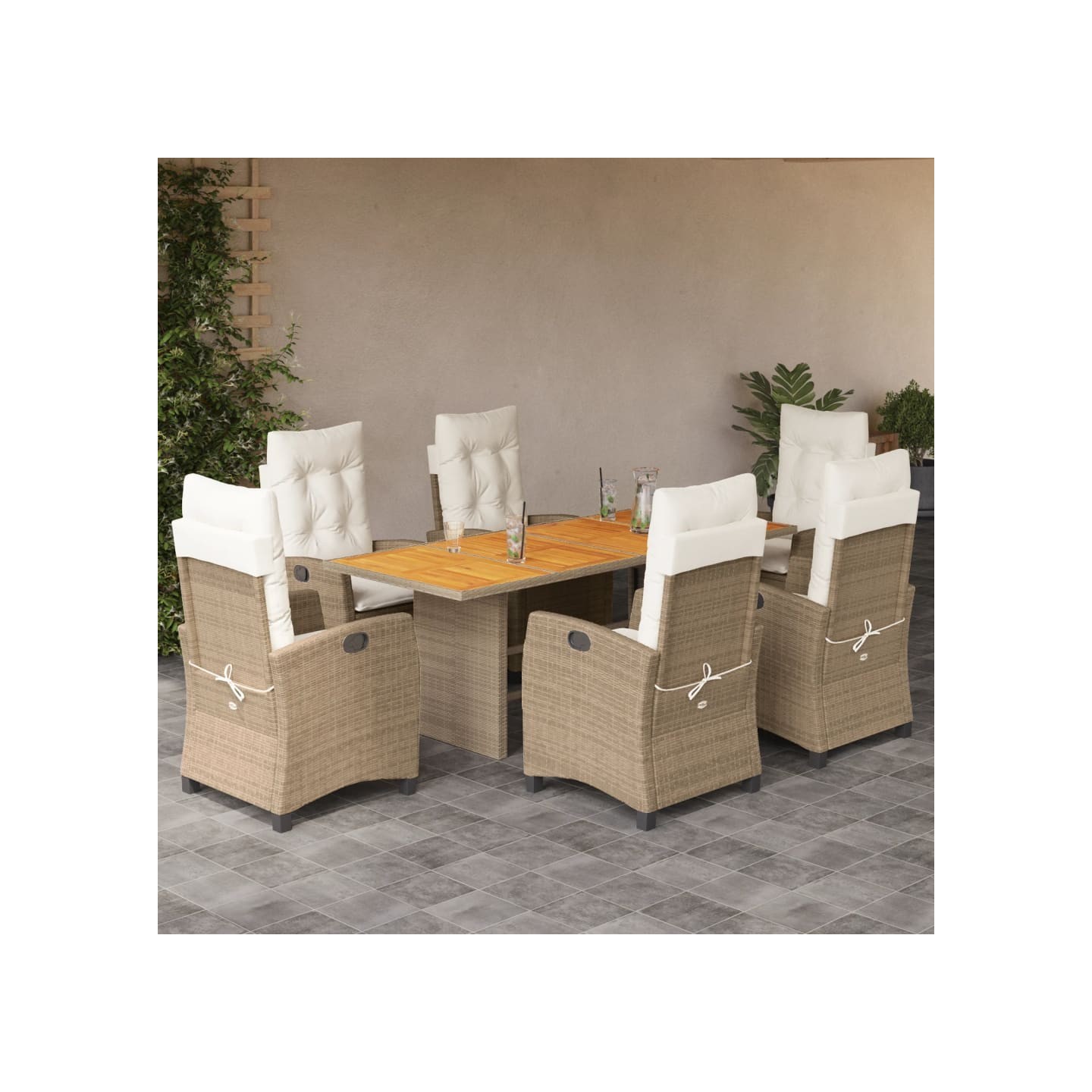 Ensemble à manger de jardin et coussins 7 pcs beige poly rotin