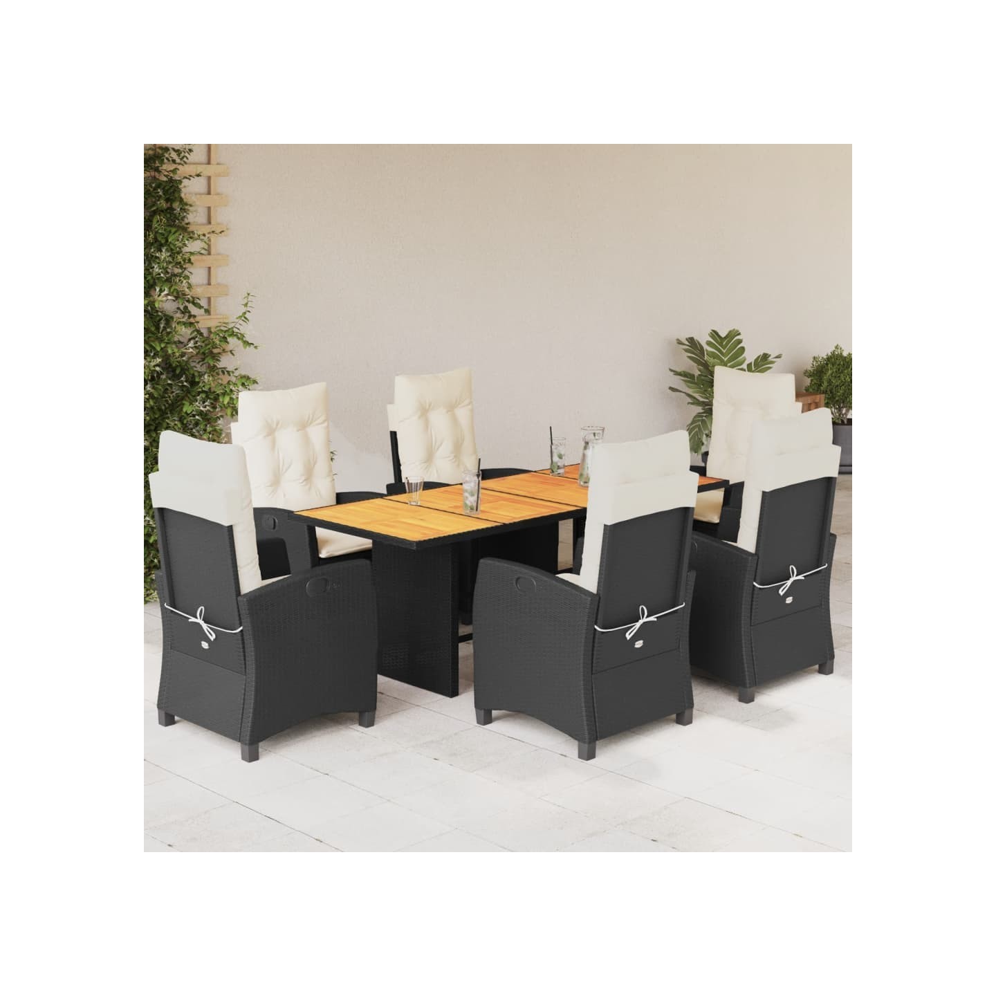 Ensemble à manger de jardin coussins 7pcs Noir Résine tressée