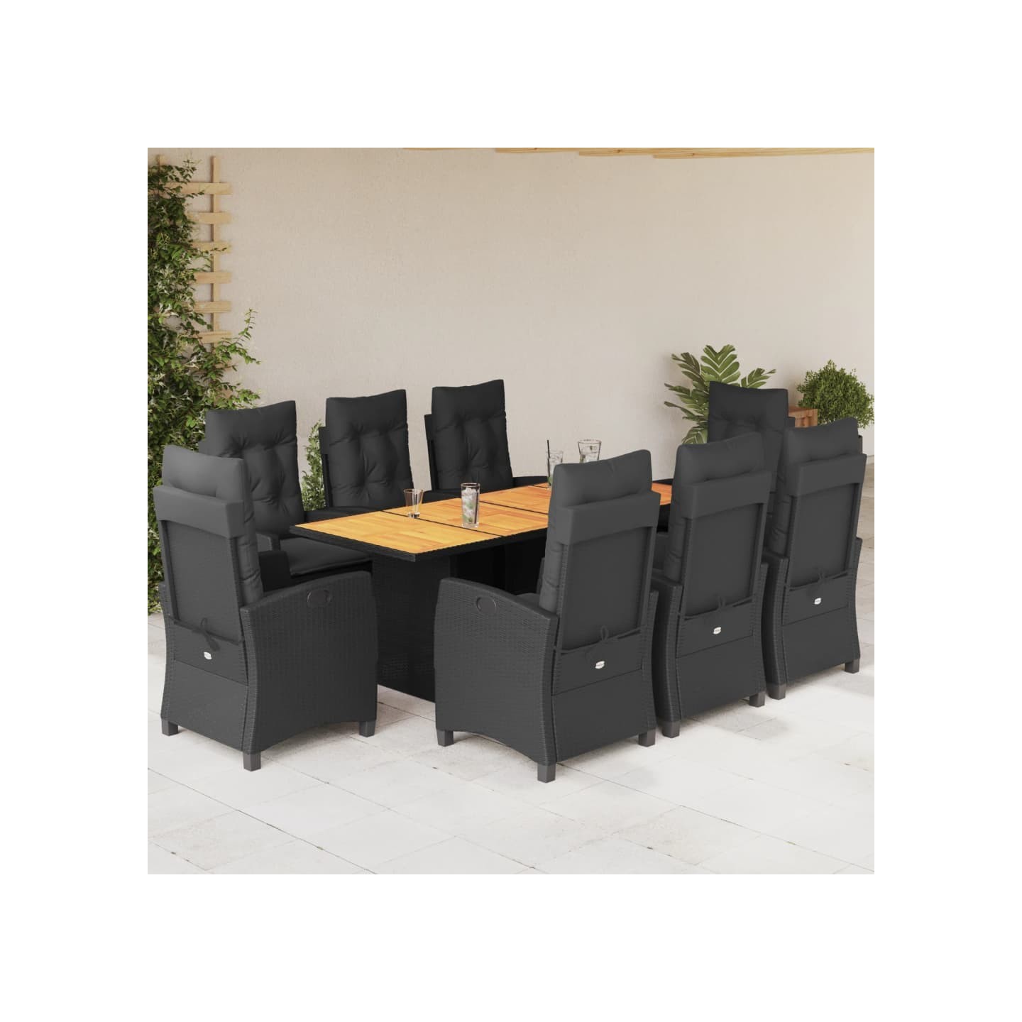 Ensemble à manger de jardin 9pcs coussins noir résine tressée
