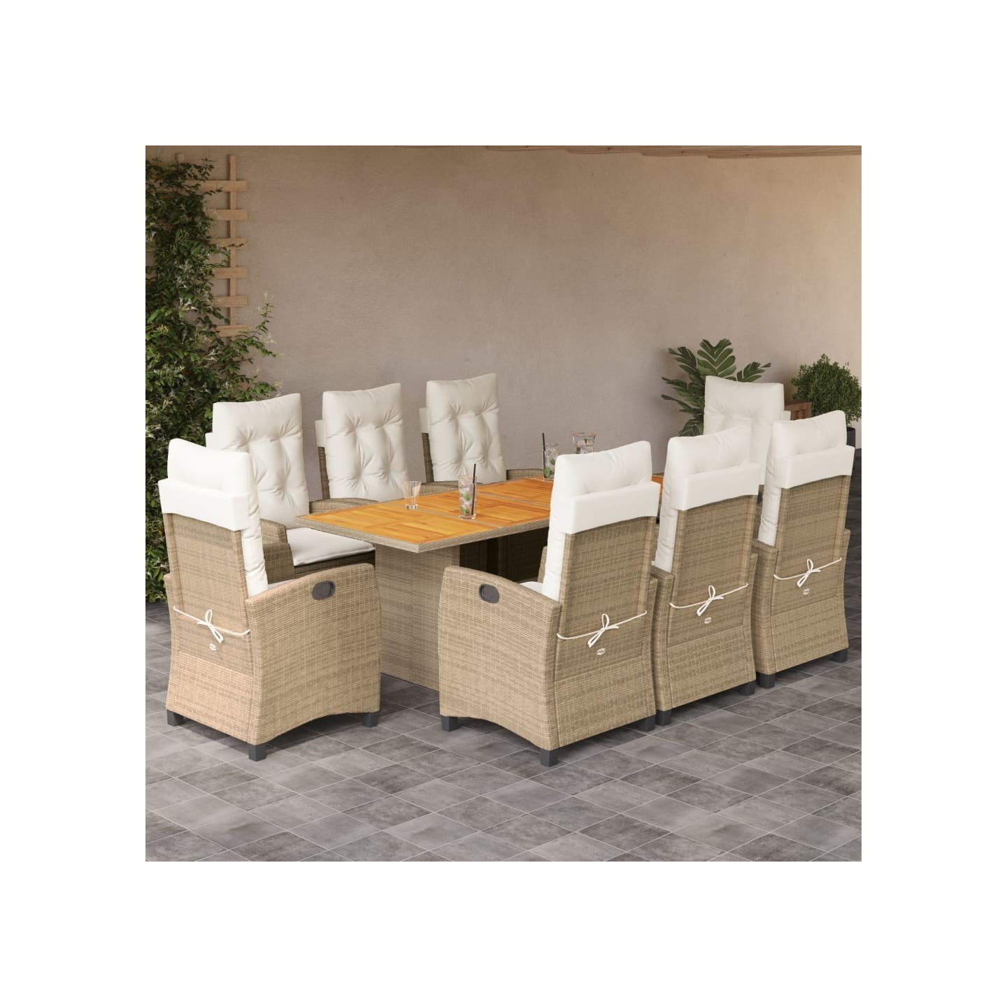 Ensemble à manger de jardin et coussins 9 pcs beige Poly rotin