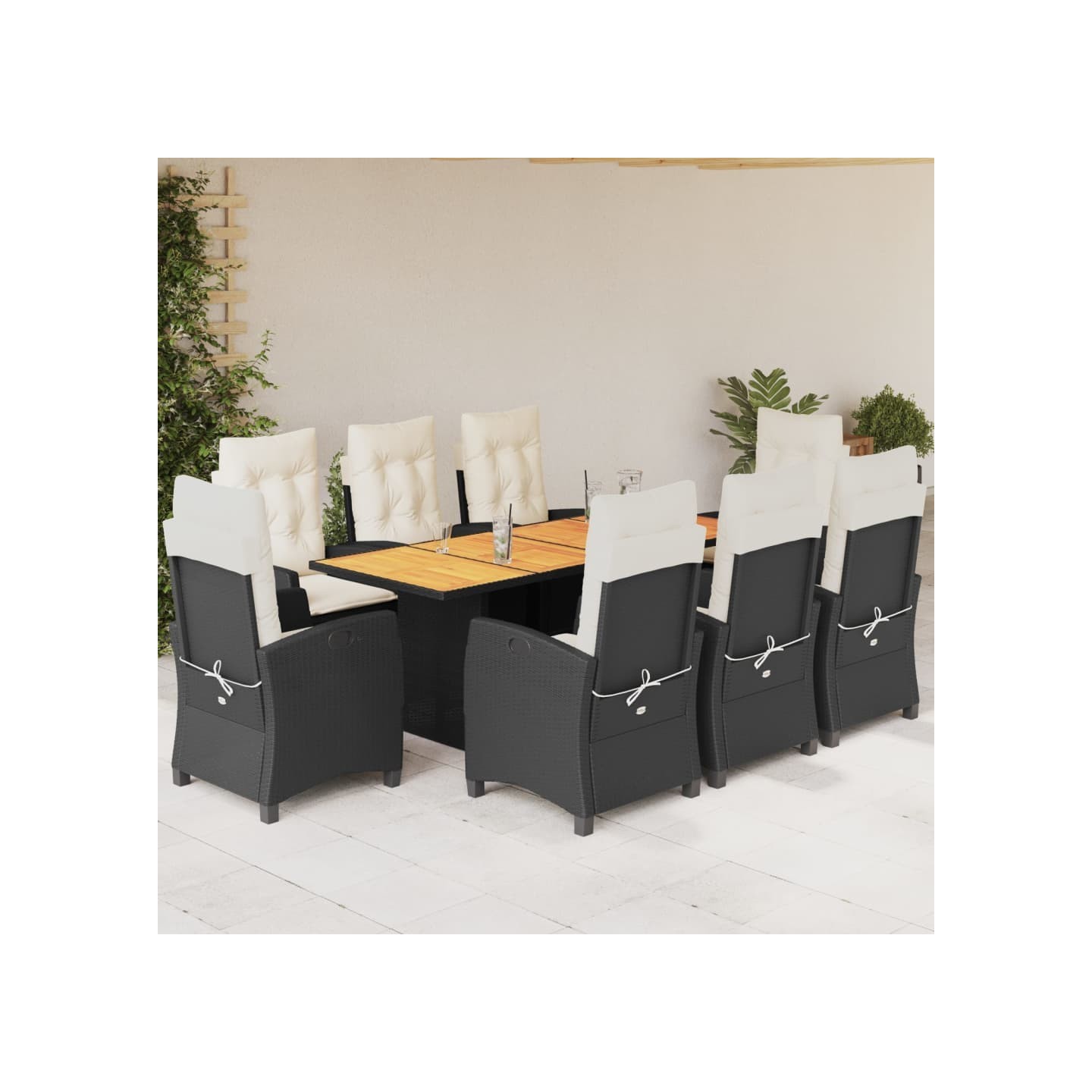 Ensemble à manger de jardin 9pcs coussins noir résine tressée