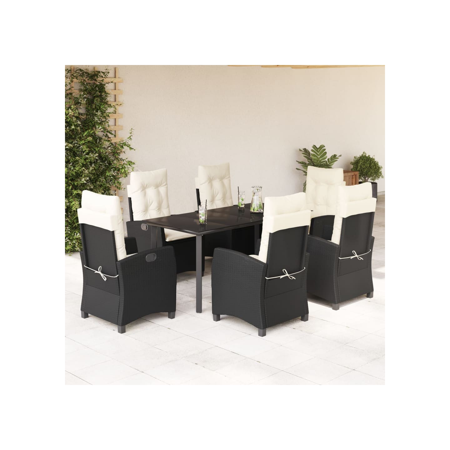 Ensemble à manger de jardin coussins 7pcs Noir Résine tressée