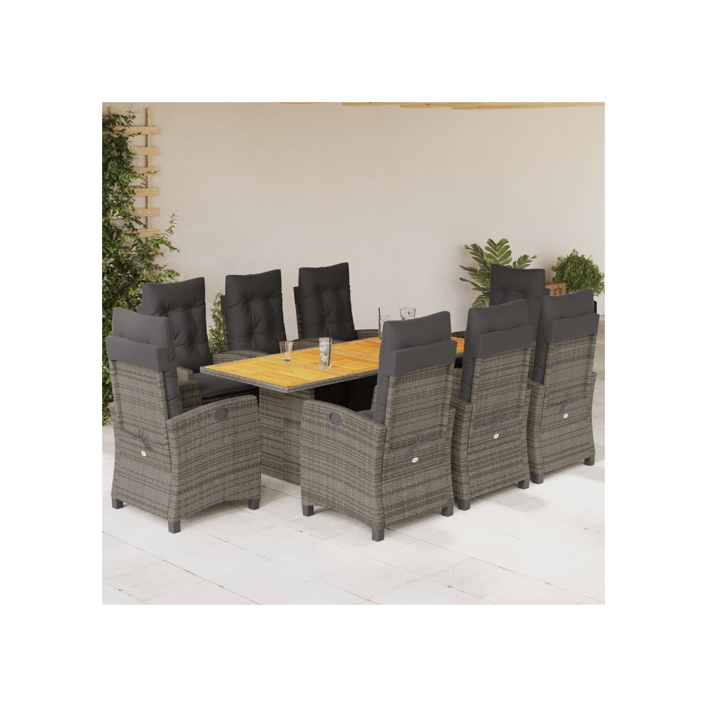 Ensemble à manger de jardin 9 pcs coussins gris résine tressée