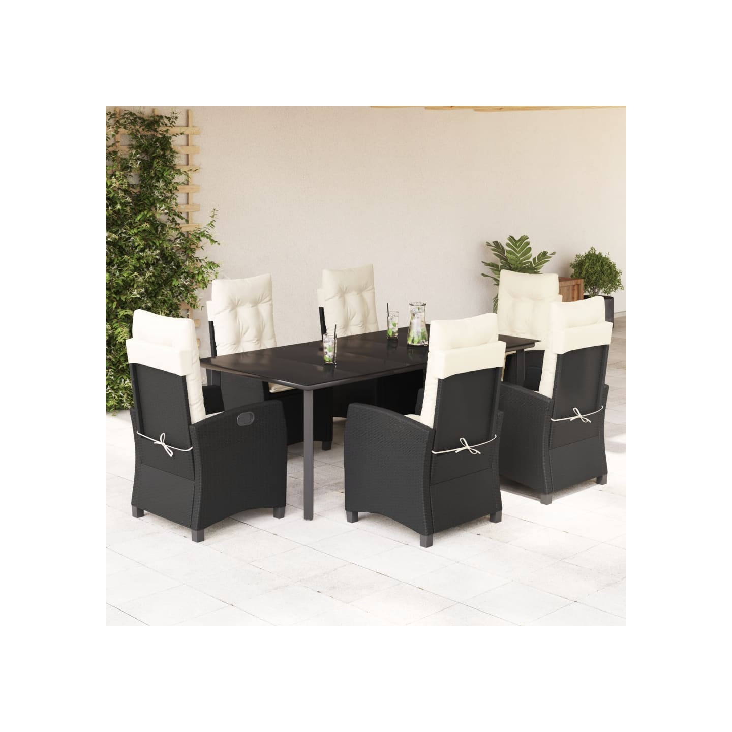 Ensemble à manger de jardin coussins 7pcs Noir Résine tressée