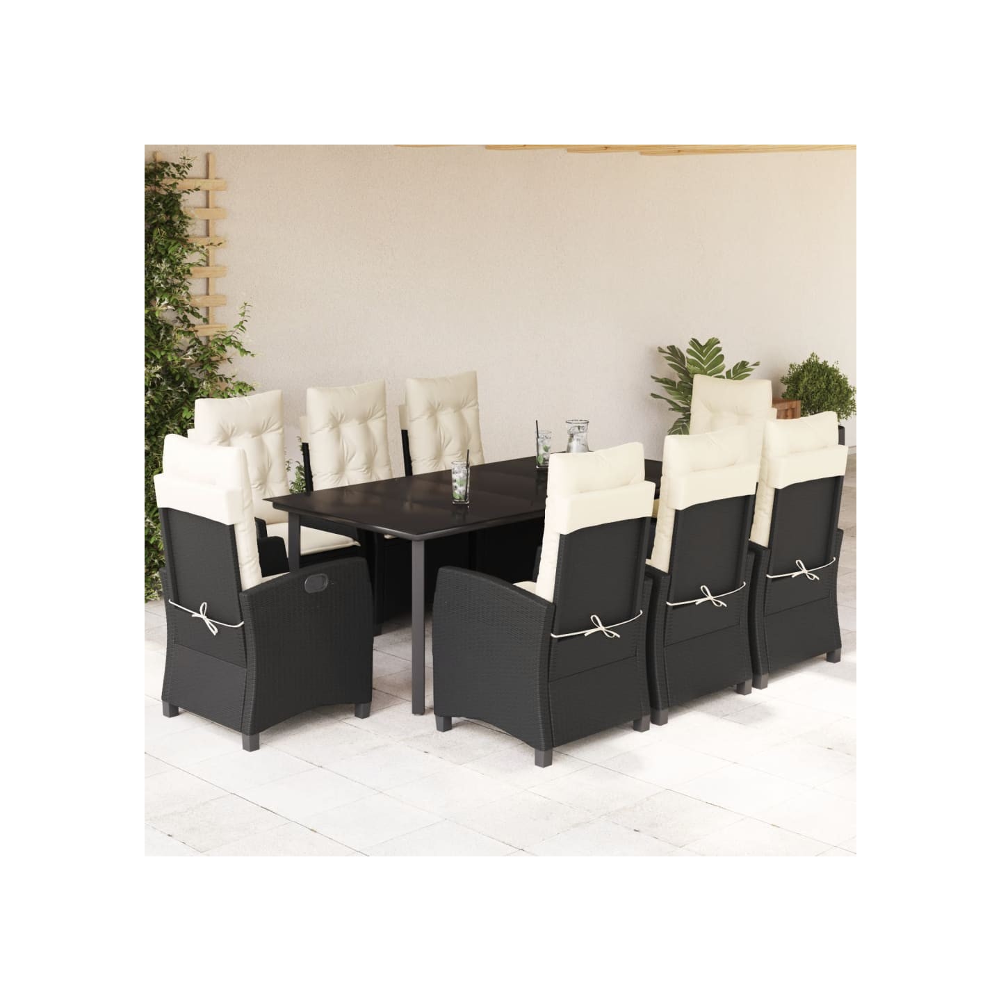 Ensemble à manger de jardin 9pcs coussins noir résine tressée