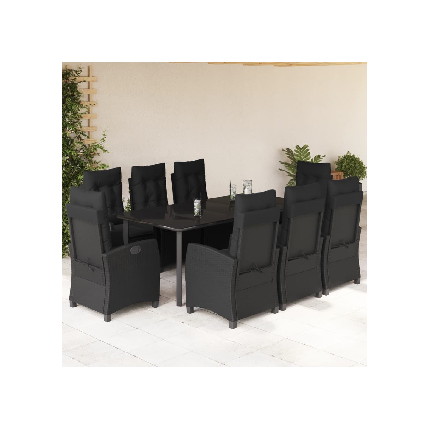 Ensemble à manger de jardin 9pcs coussins noir résine tressée