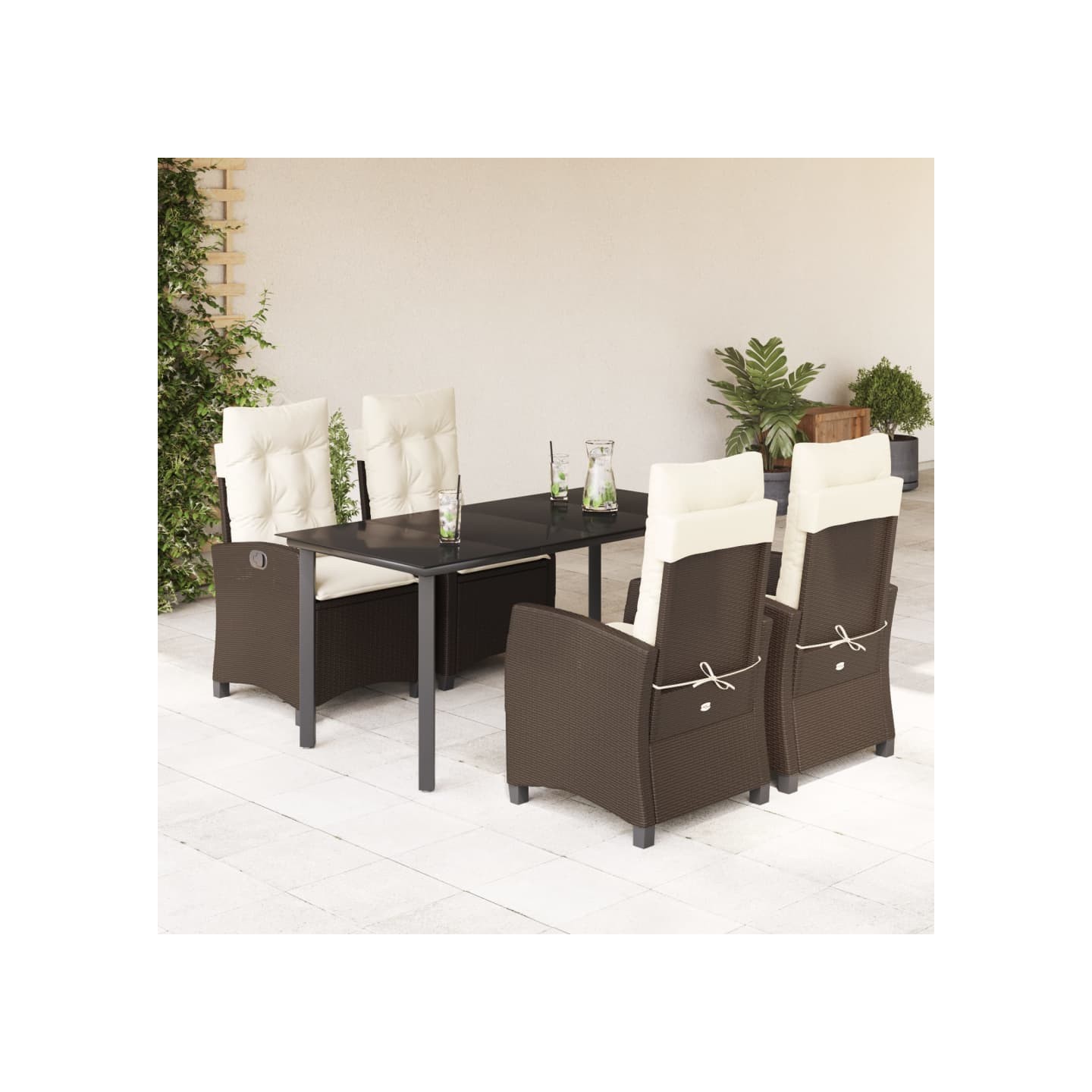 Ensemble à manger de jardin 5 pcs et coussins marron poly rotin