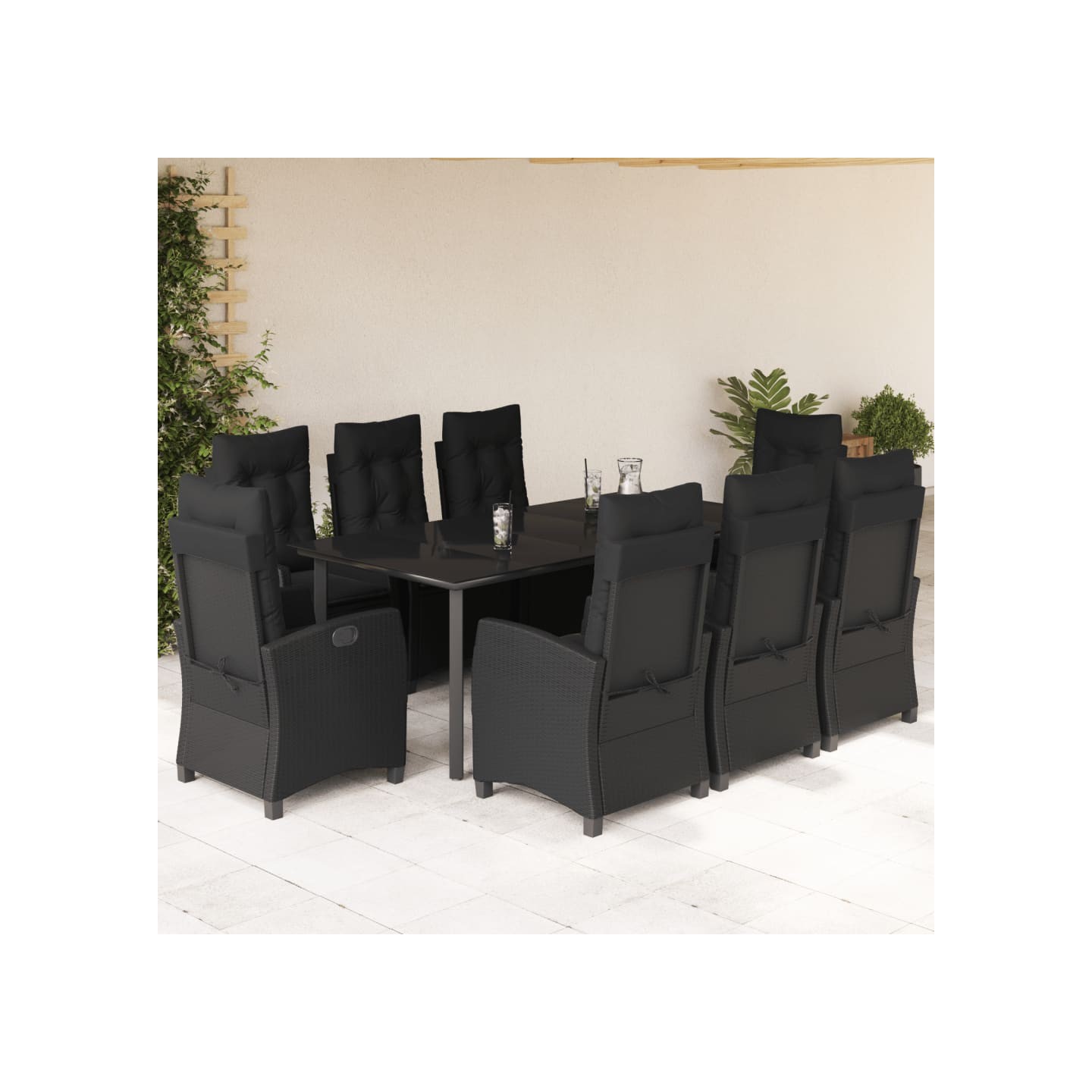 Ensemble à manger de jardin 9pcs coussins noir résine tressée