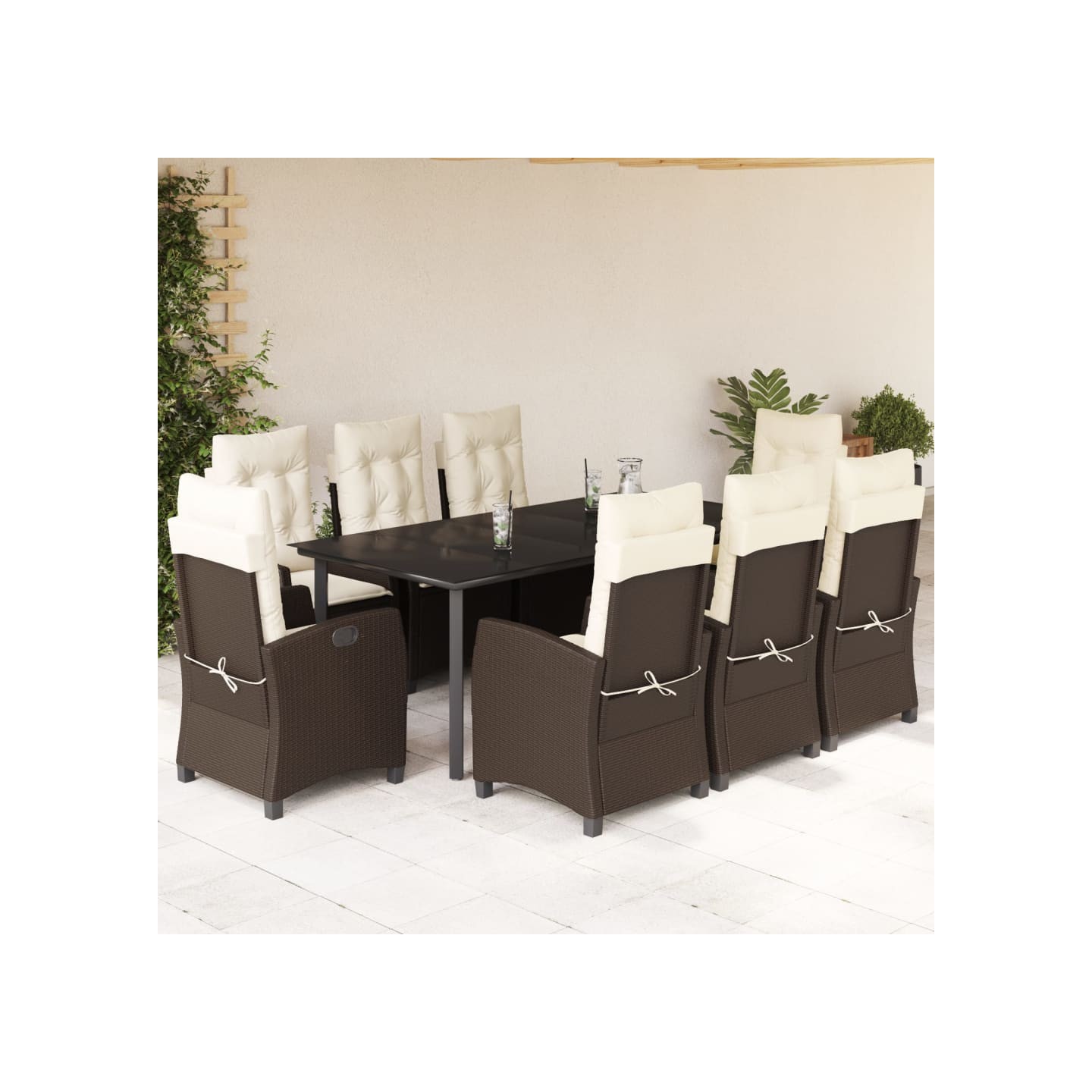 Ensemble à manger de jardin et coussins 9 pcs marron poly rotin