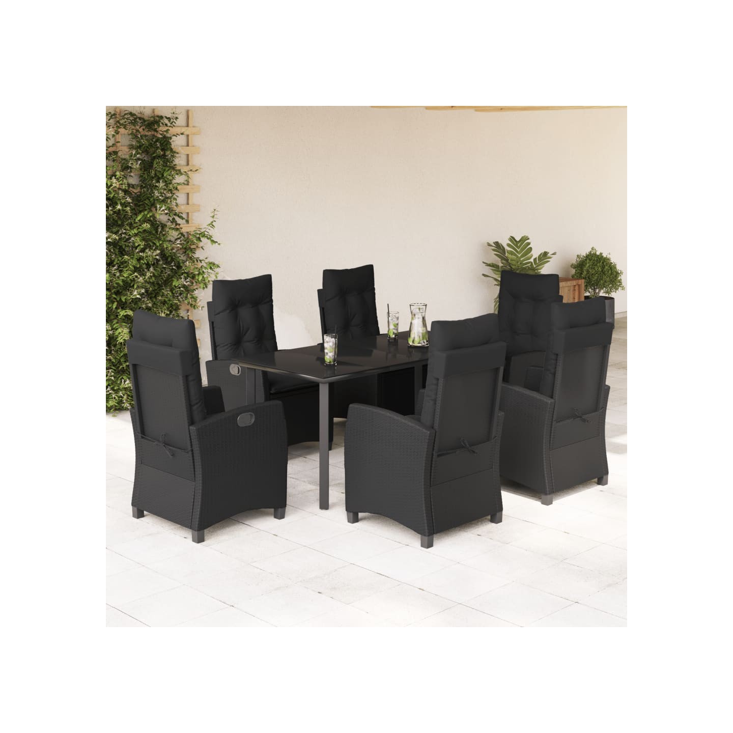 Ensemble à manger de jardin coussins 7pcs Noir Résine tressée