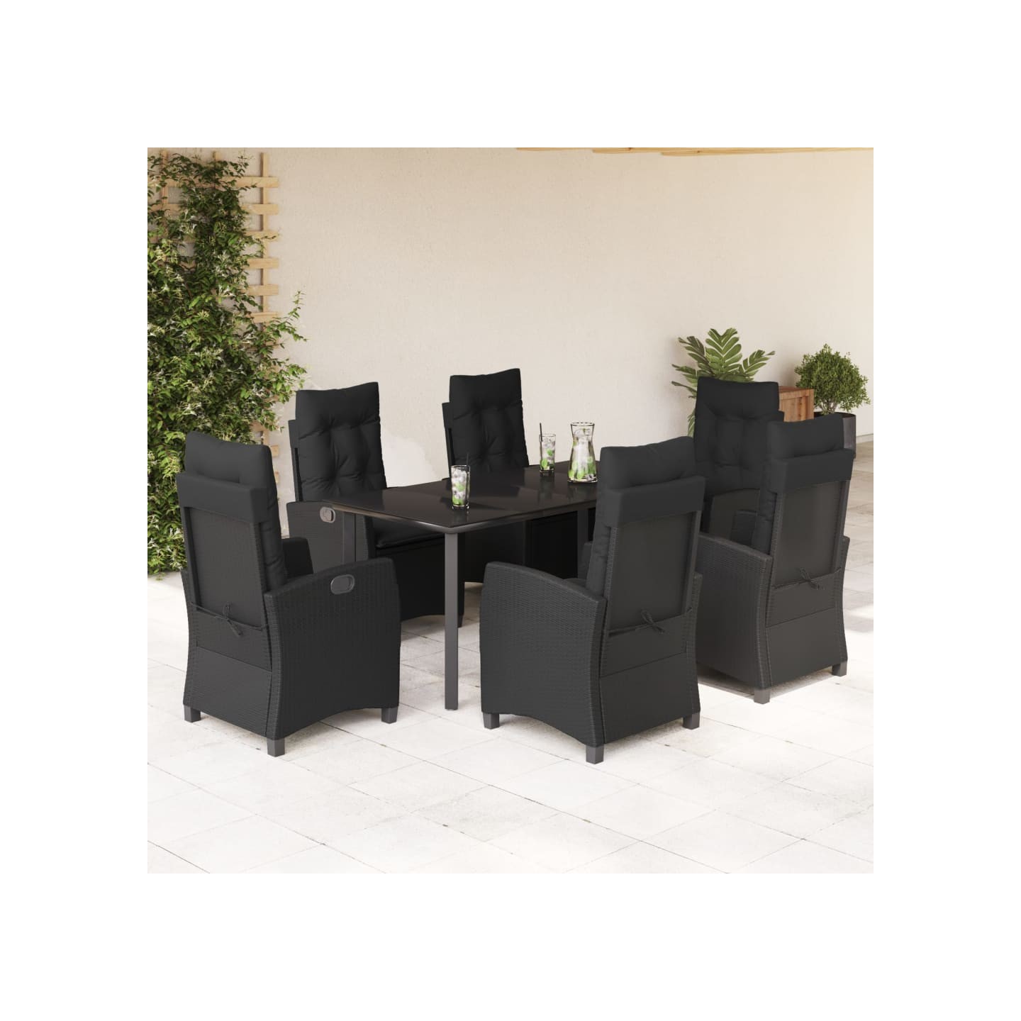 Ensemble à manger de jardin coussins 7pcs Noir Résine tressée