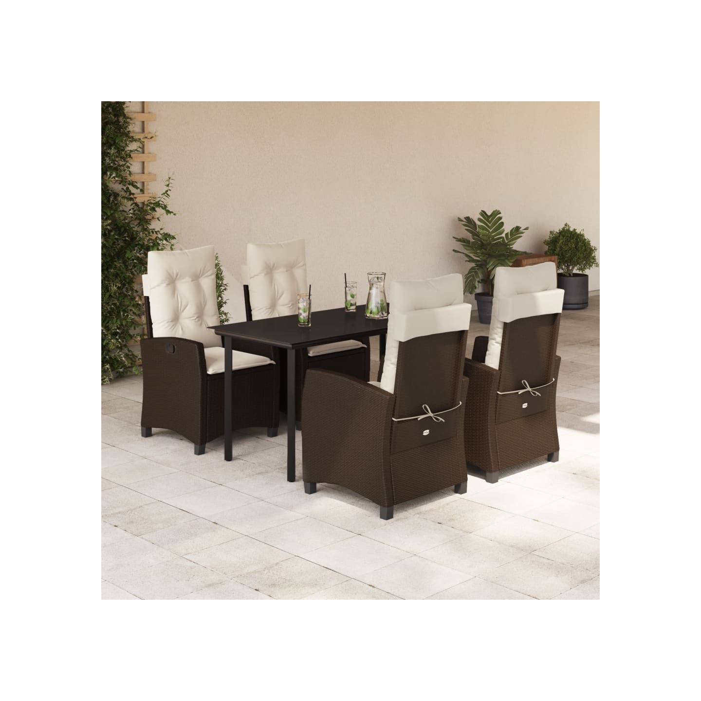 Ensemble à manger de jardin 5 pcs et coussins marron poly rotin