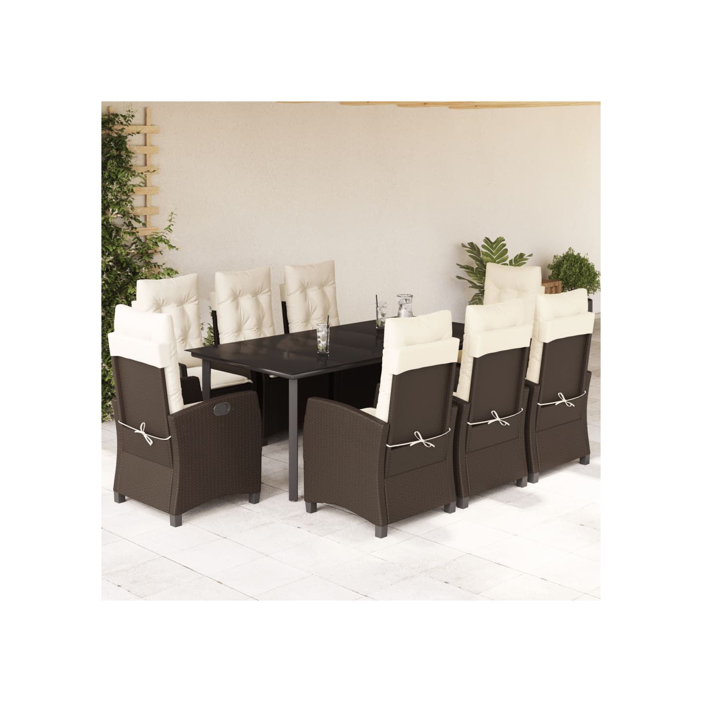 Ensemble à manger de jardin et coussins 9 pcs marron poly rotin