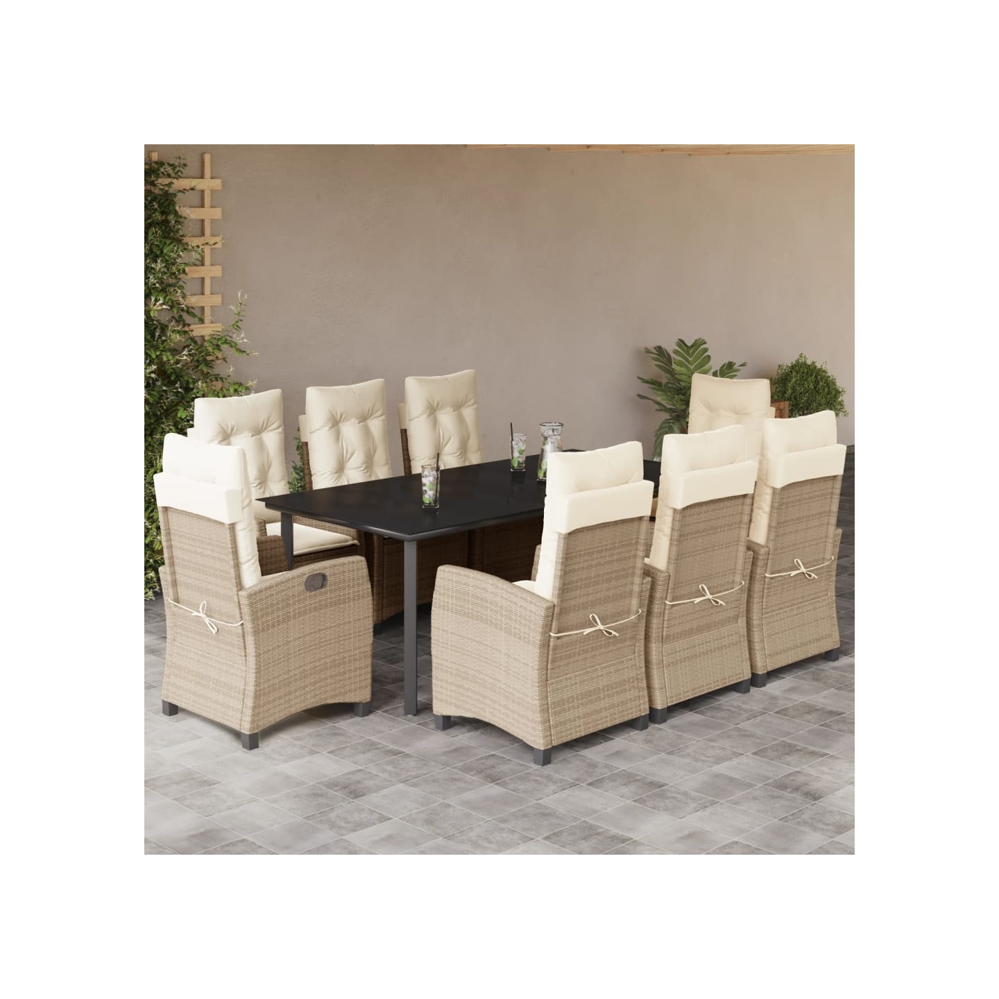 Ensemble à manger de jardin et coussins 9 pcs beige Poly rotin