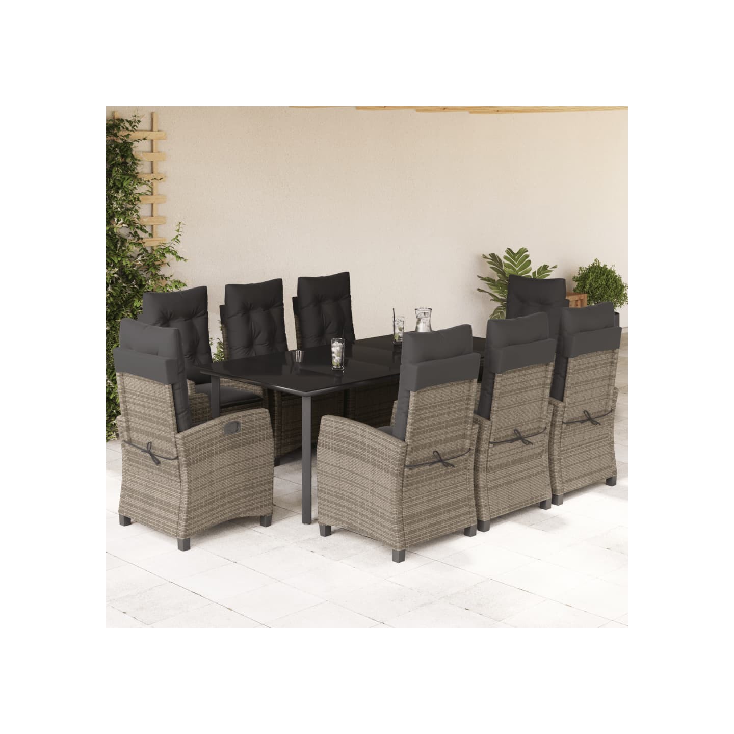 Ensemble à manger de jardin 9 pcs coussins gris résine tressée