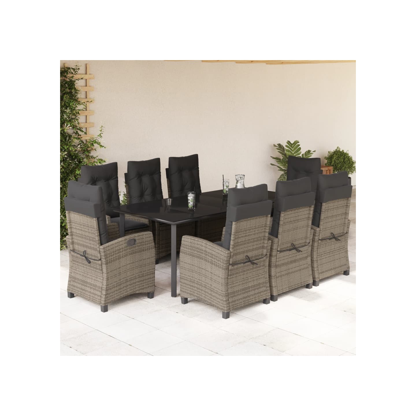 Ensemble à manger de jardin 9 pcs coussins gris résine tressée