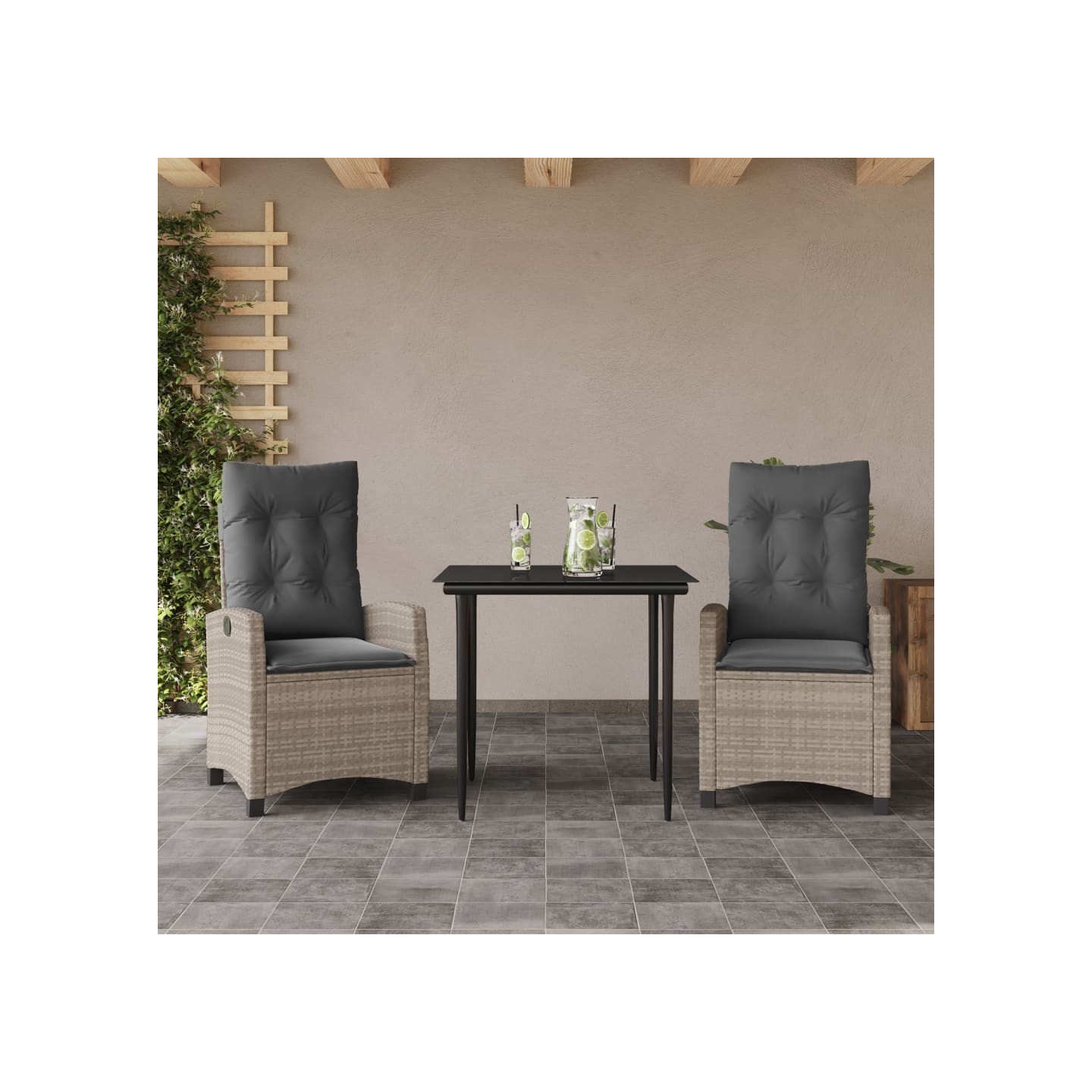 Ensemble à manger de jardin 3pcs coussins gris clair poly rotin