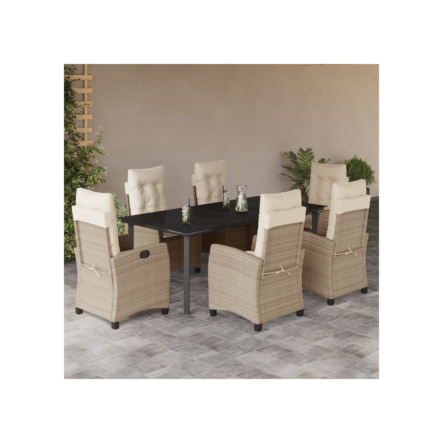Ensemble à manger de jardin et coussins 7 pcs beige poly rotin