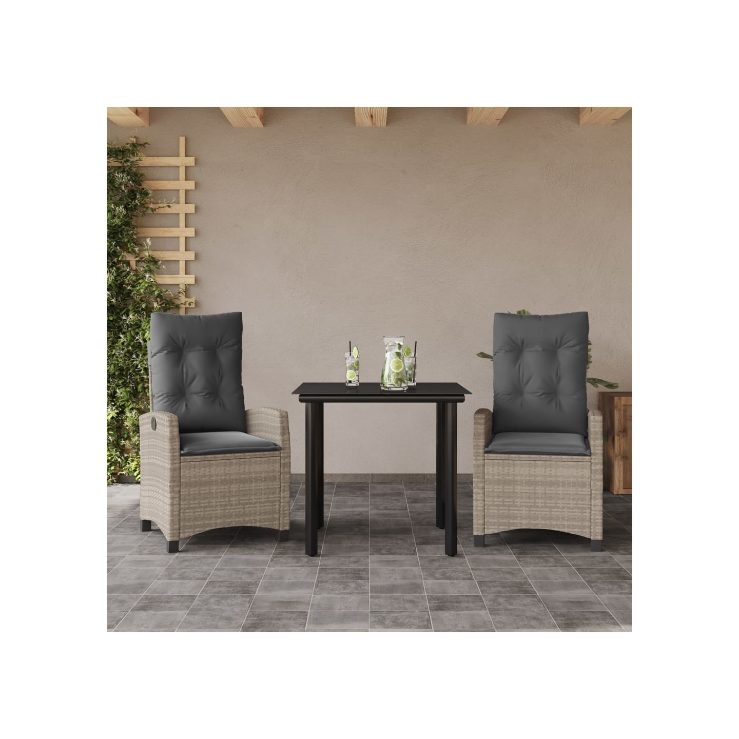 Ensemble à manger de jardin 3pcs coussins gris clair poly rotin