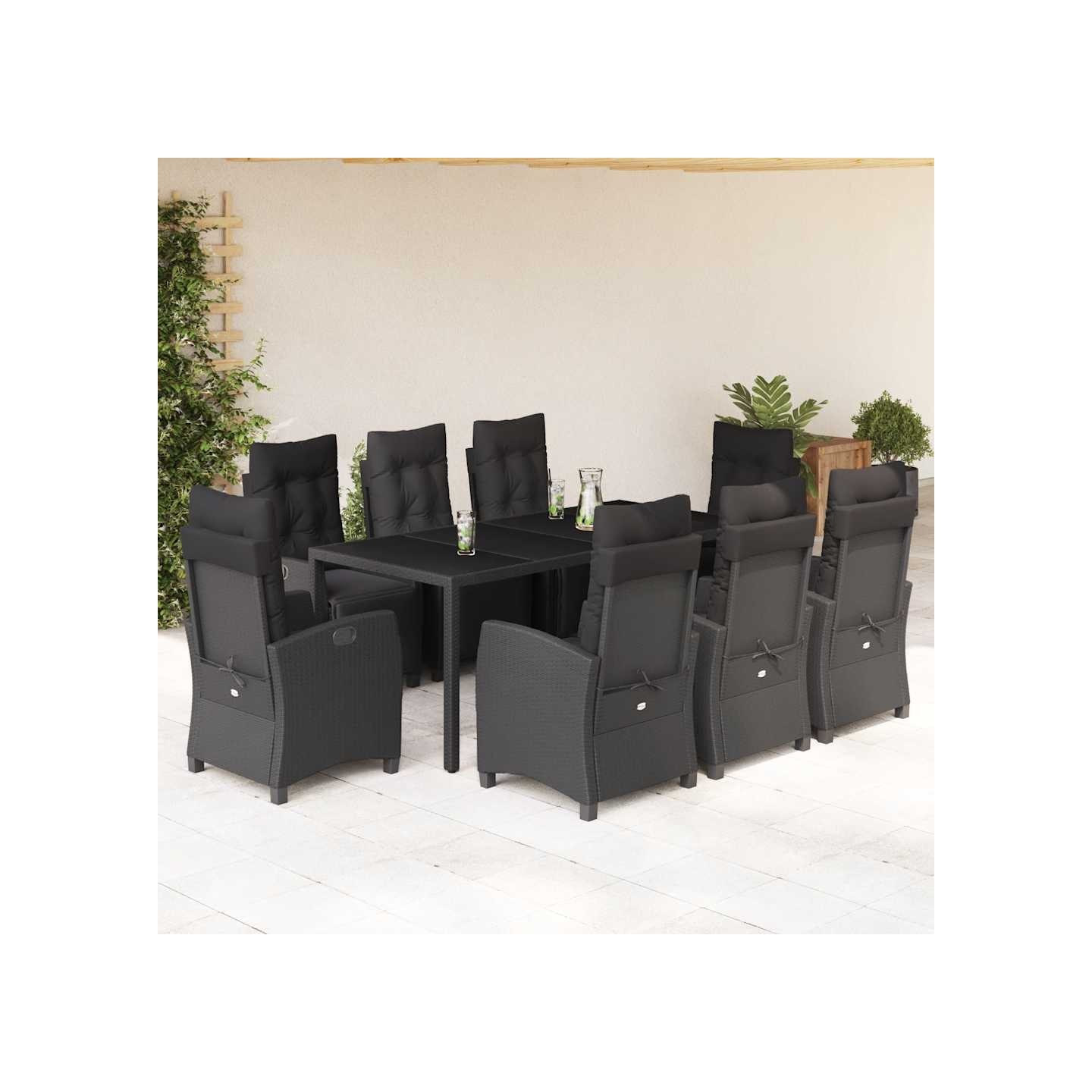 Ensemble à manger de jardin 9pcs coussins noir résine tressée