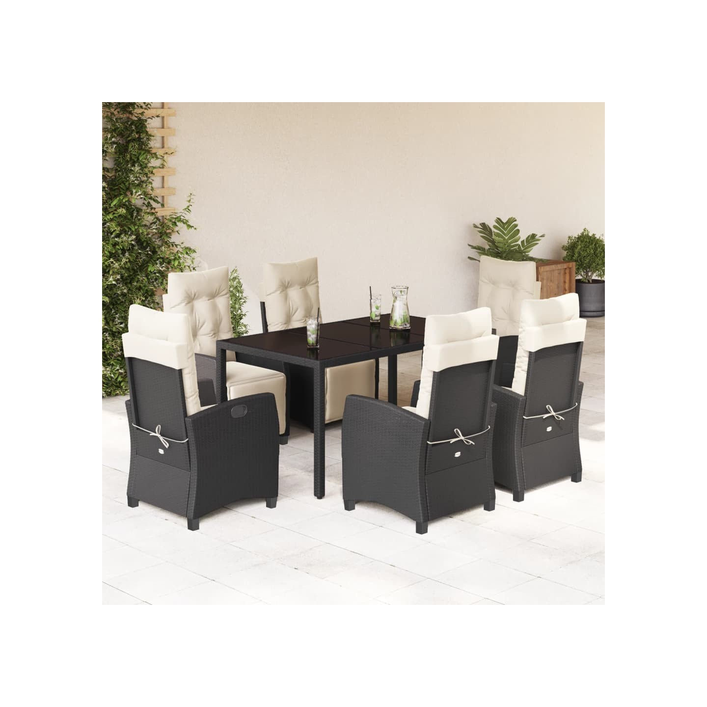 Ensemble à manger de jardin coussins 7pcs Noir Résine tressée