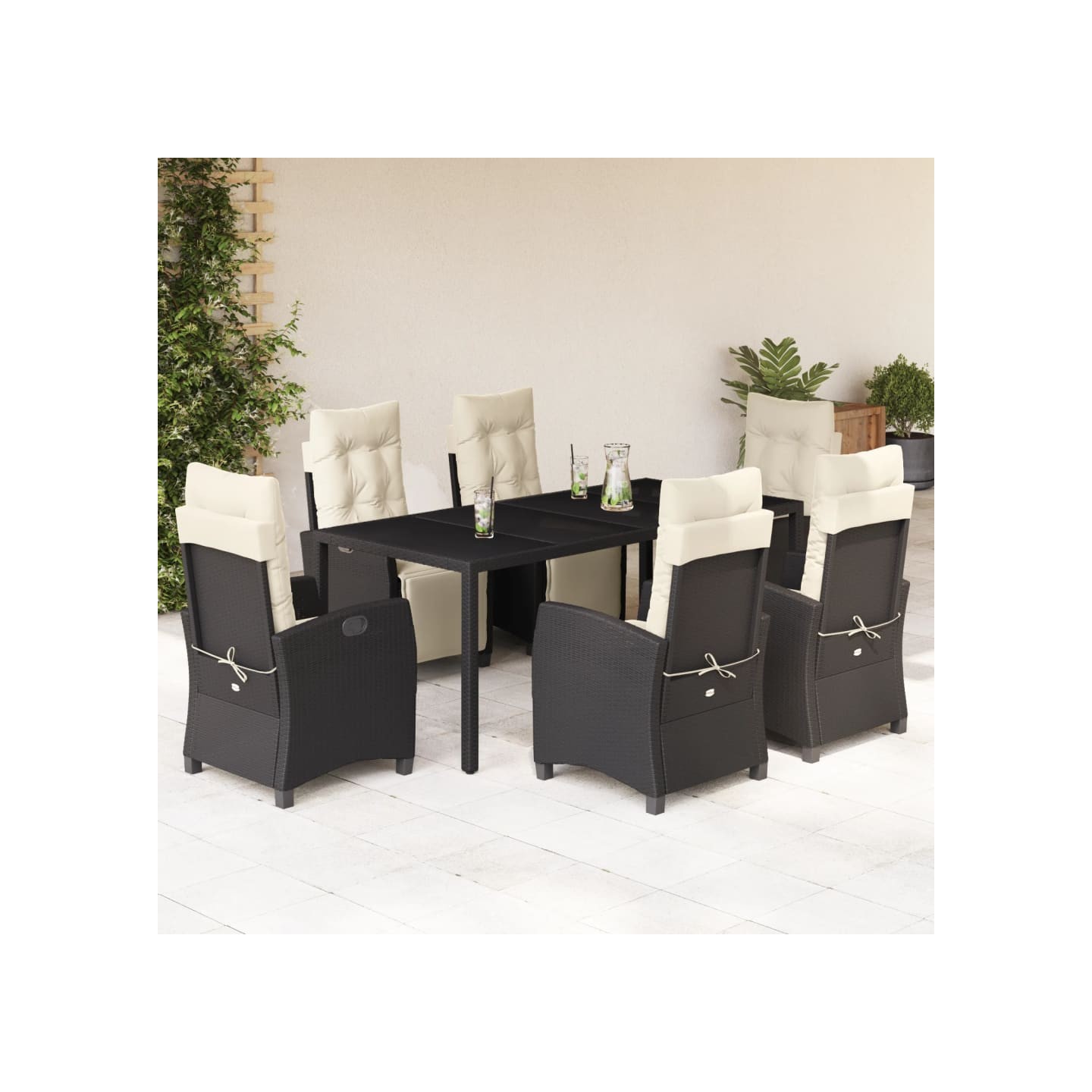 Ensemble à manger de jardin coussins 7pcs Noir Résine tressée