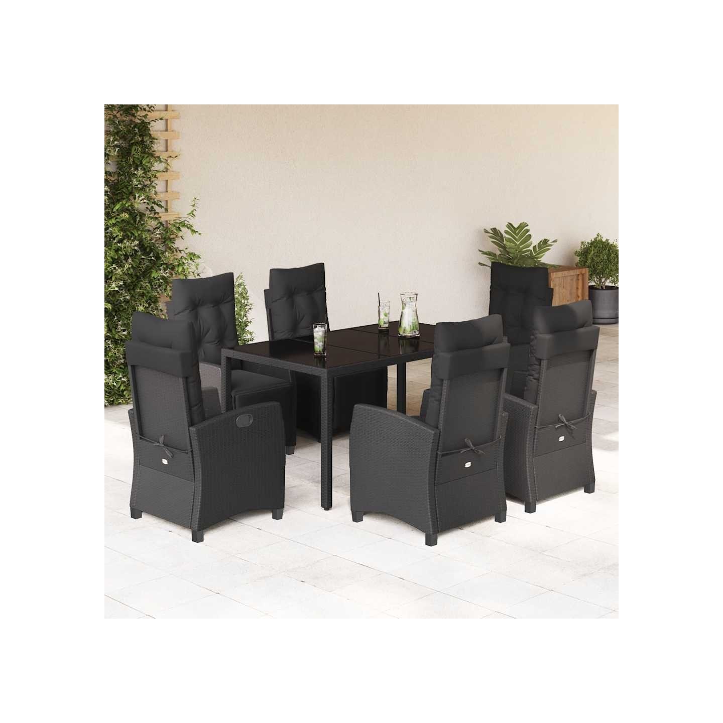 Ensemble à manger de jardin coussins 7pcs Noir Résine tressée