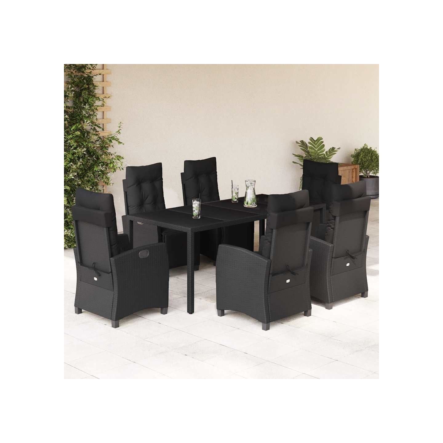 Ensemble à manger de jardin coussins 7pcs Noir Résine tressée