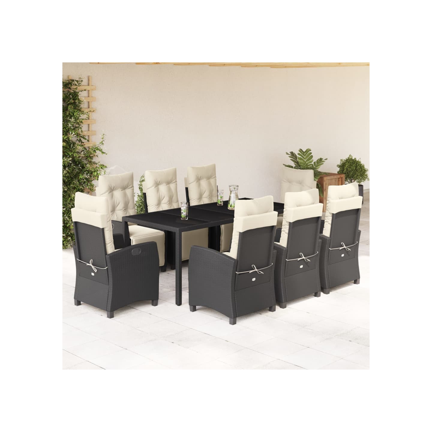 Ensemble à manger de jardin 9pcs coussins noir résine tressée