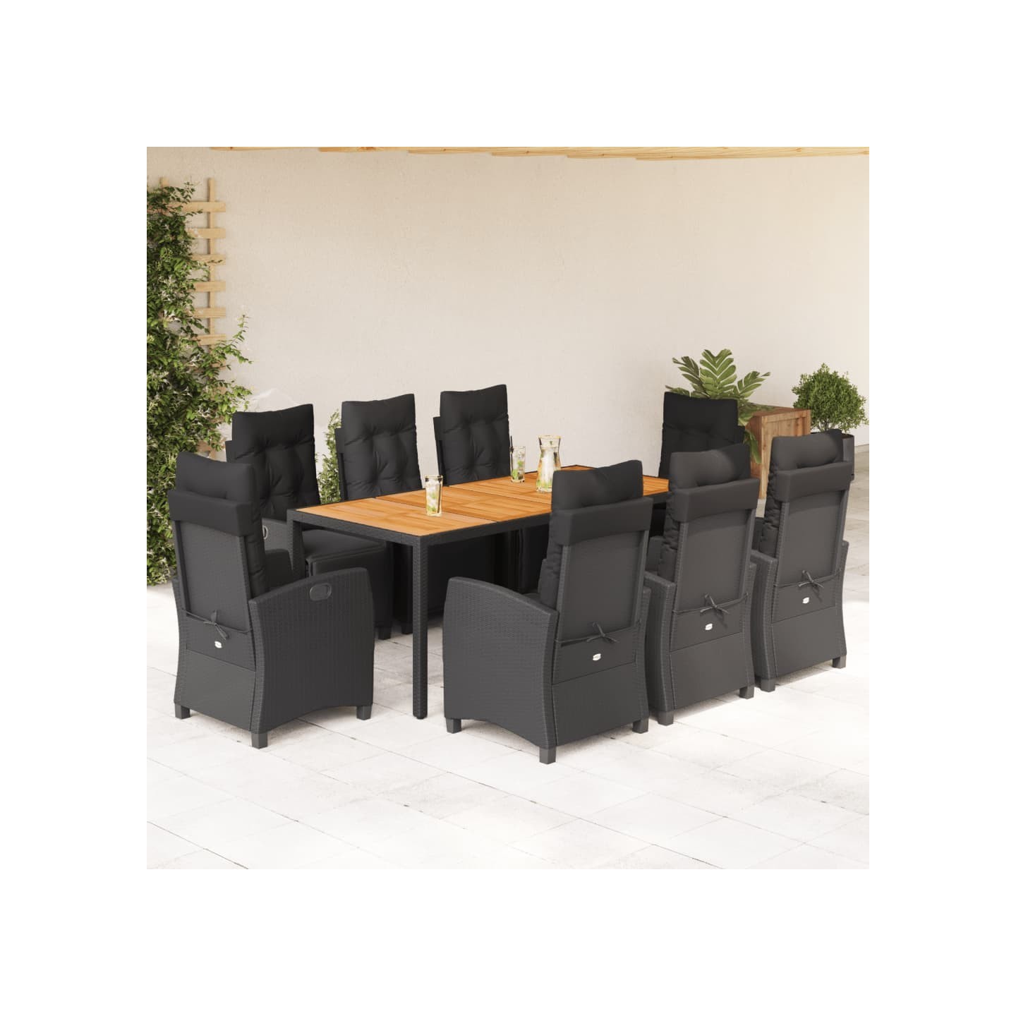 Ensemble à manger de jardin 9pcs coussins noir résine tressée