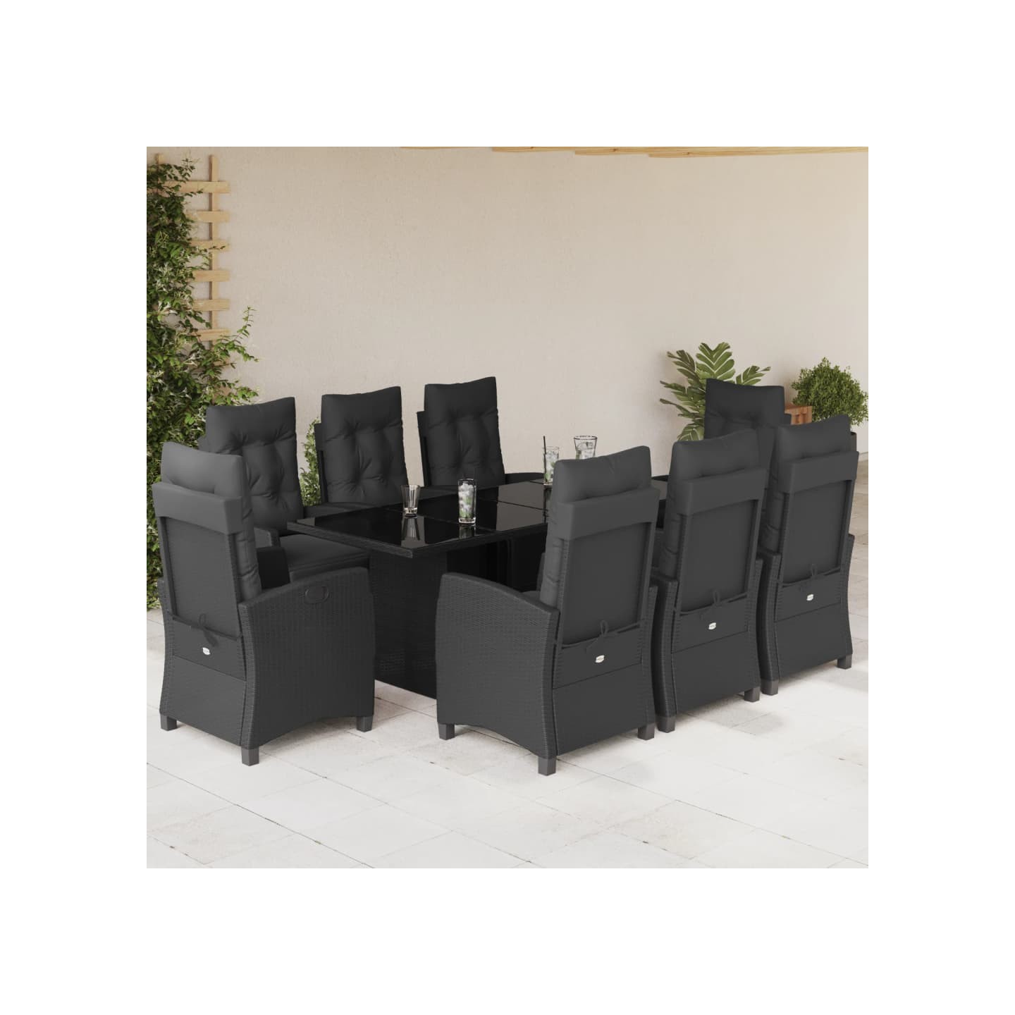 Ensemble à manger de jardin 9pcs coussins noir résine tressée