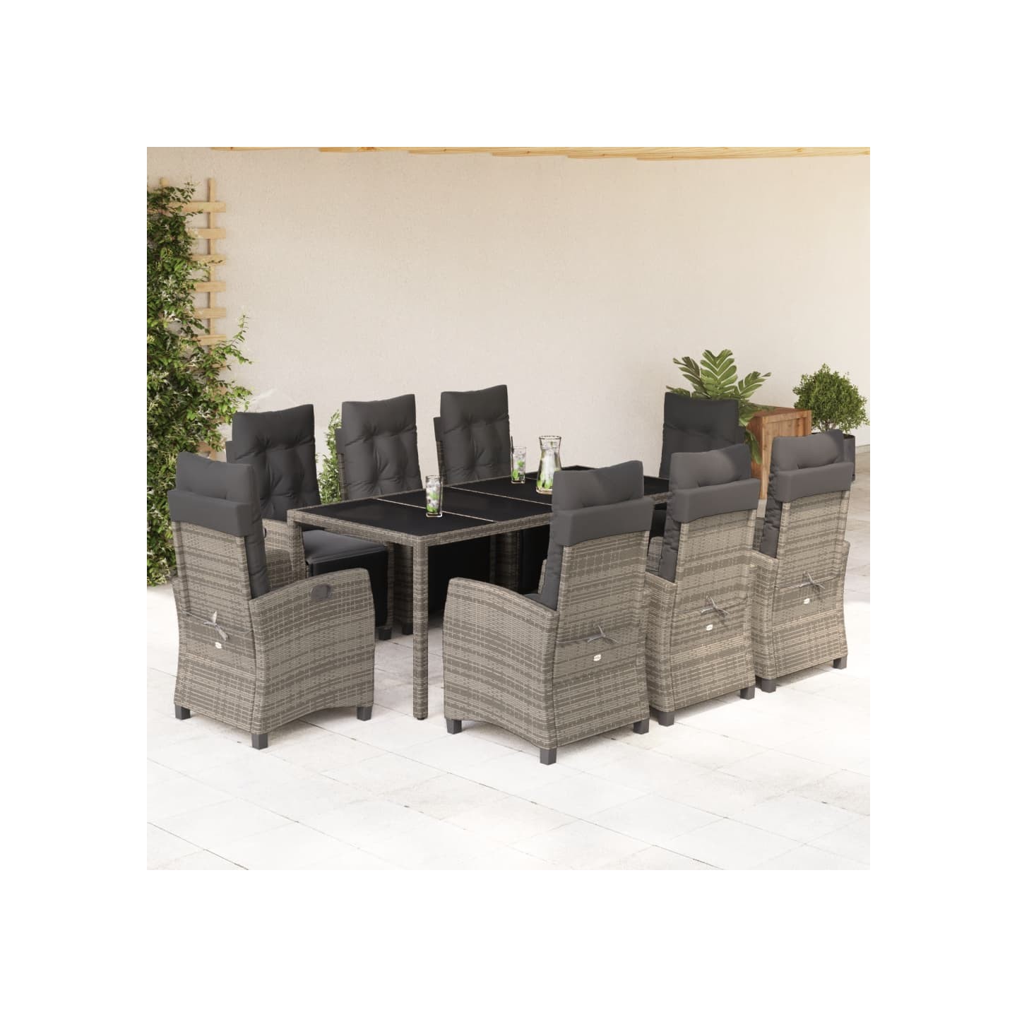 Ensemble à manger de jardin 9 pcs coussins gris résine tressée