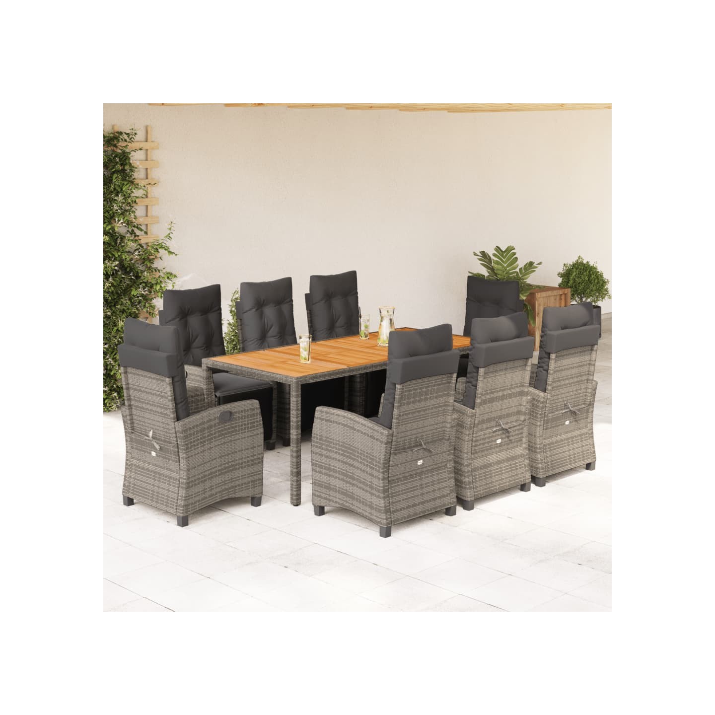 Ensemble à manger de jardin 9 pcs coussins gris résine tressée