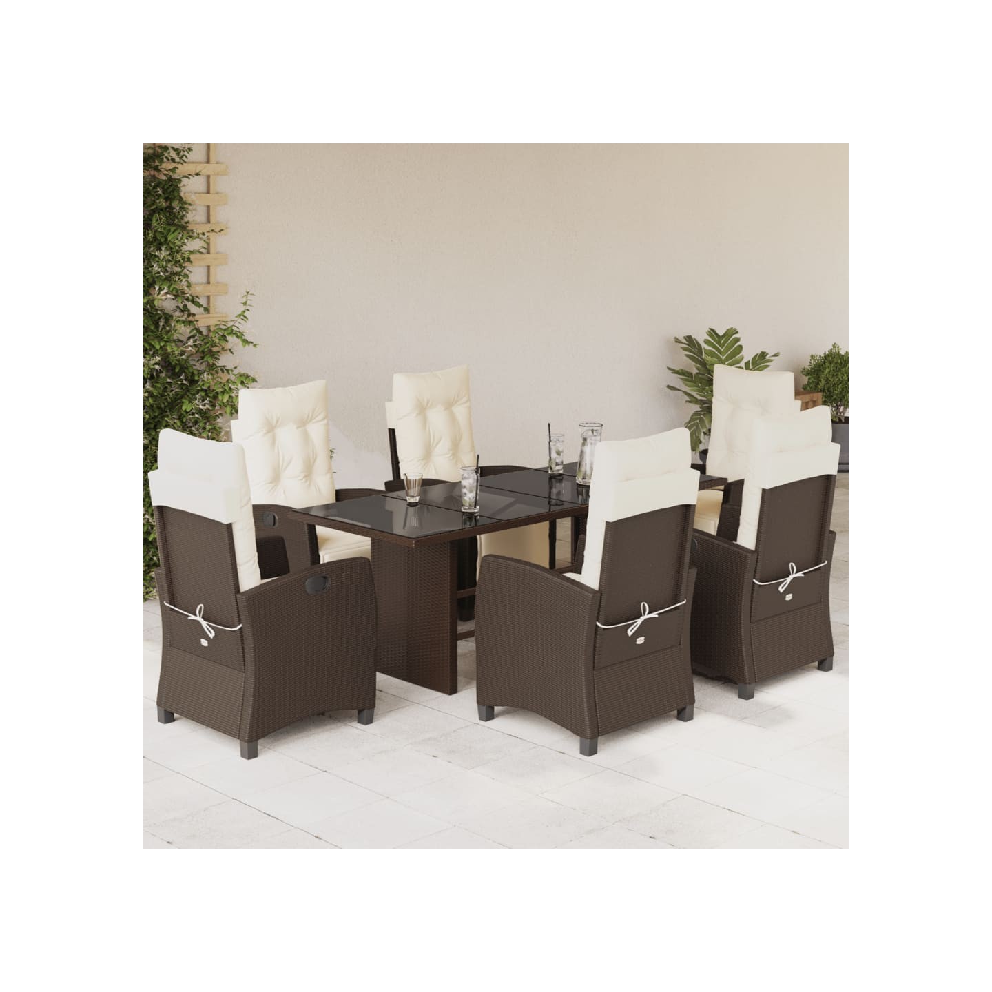 Ensemble à manger de jardin et coussins 7 pcs marron rotin