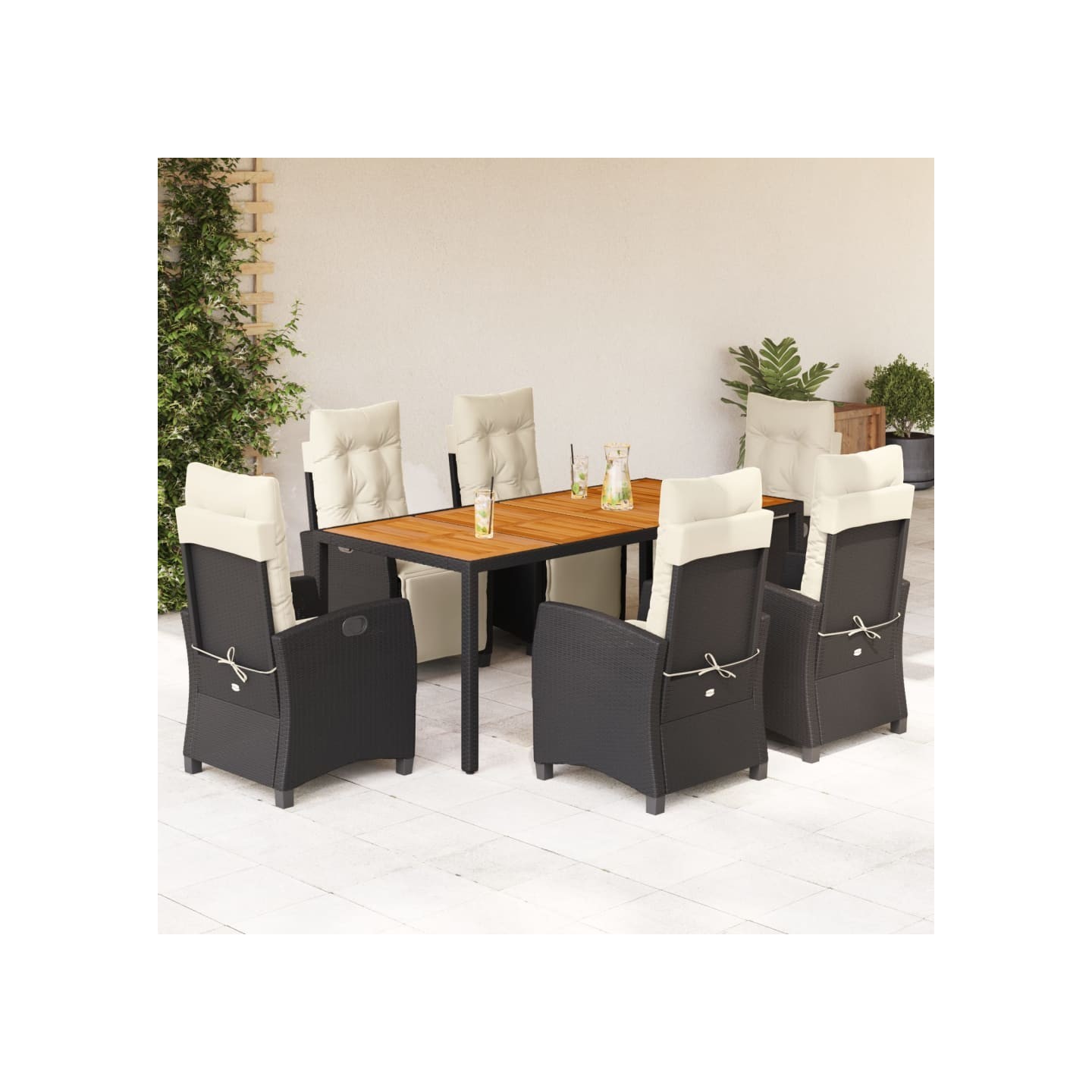 Ensemble à manger de jardin coussins 7pcs Noir Résine tressée