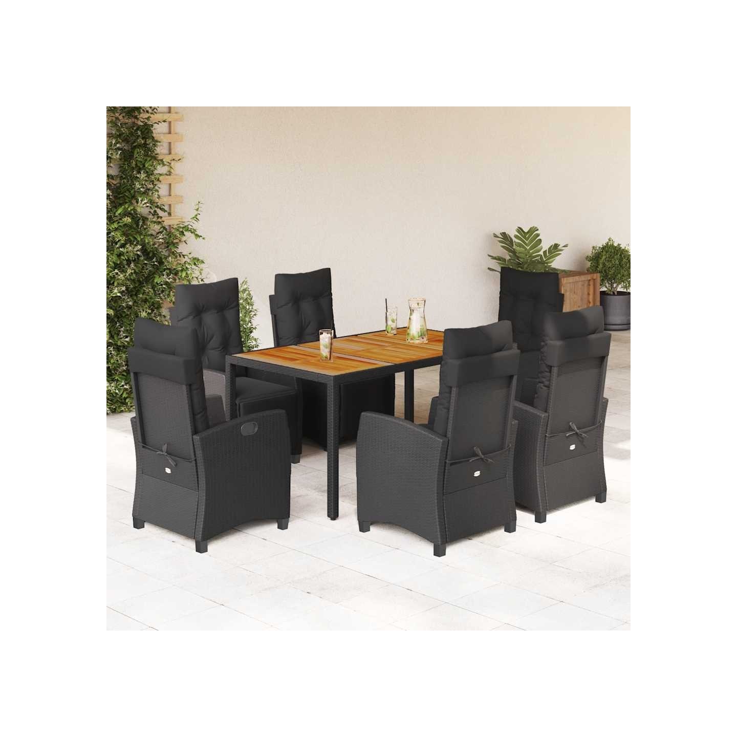 Ensemble à manger de jardin coussins 7pcs Noir Résine tressée