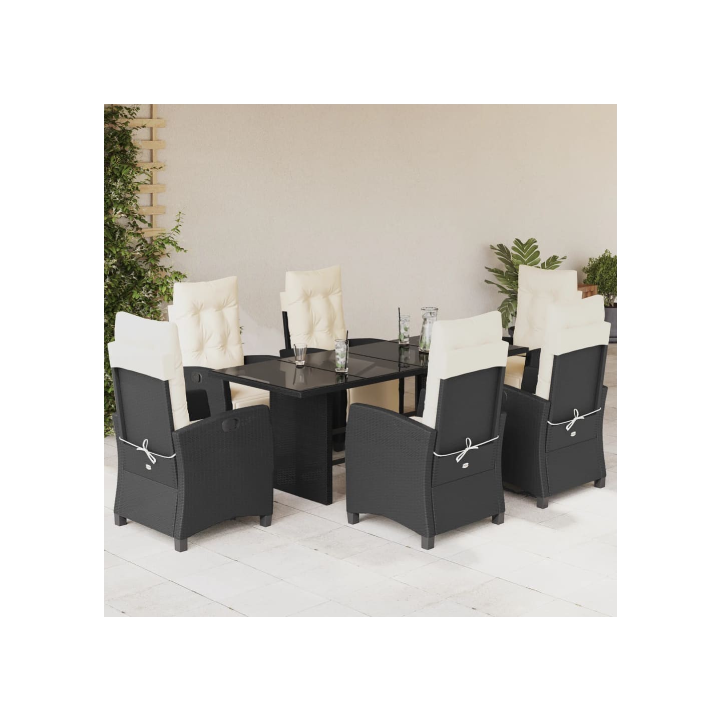 Ensemble à manger de jardin coussins 7pcs Noir Résine tressée