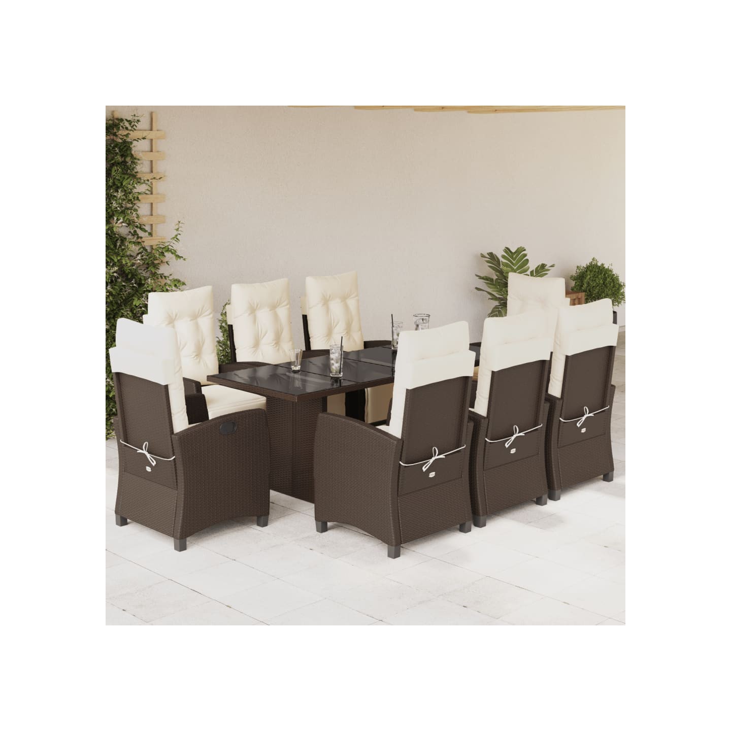 Ensemble à manger de jardin et coussins 9 pcs marron poly rotin