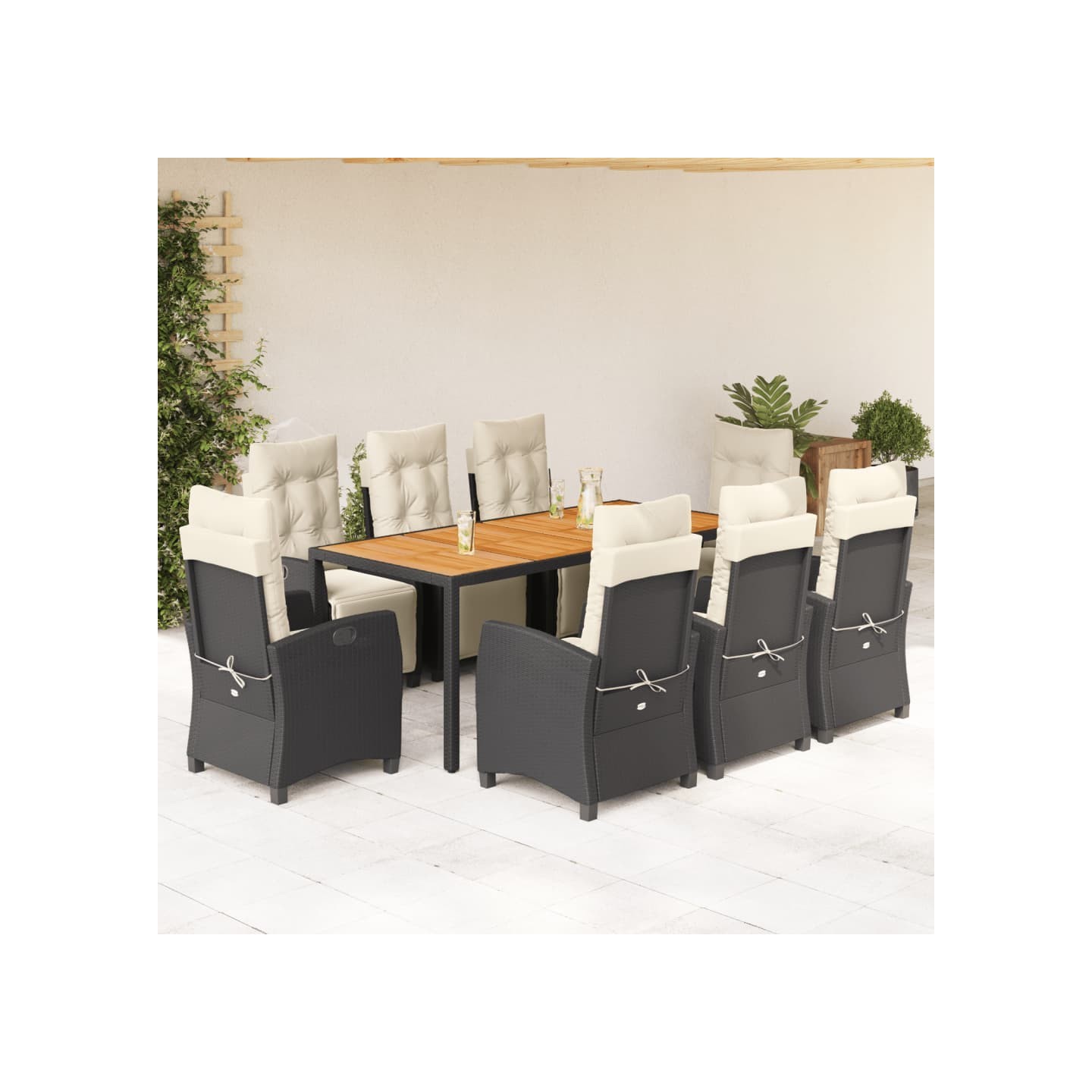 Ensemble à manger de jardin 9pcs coussins noir résine tressée