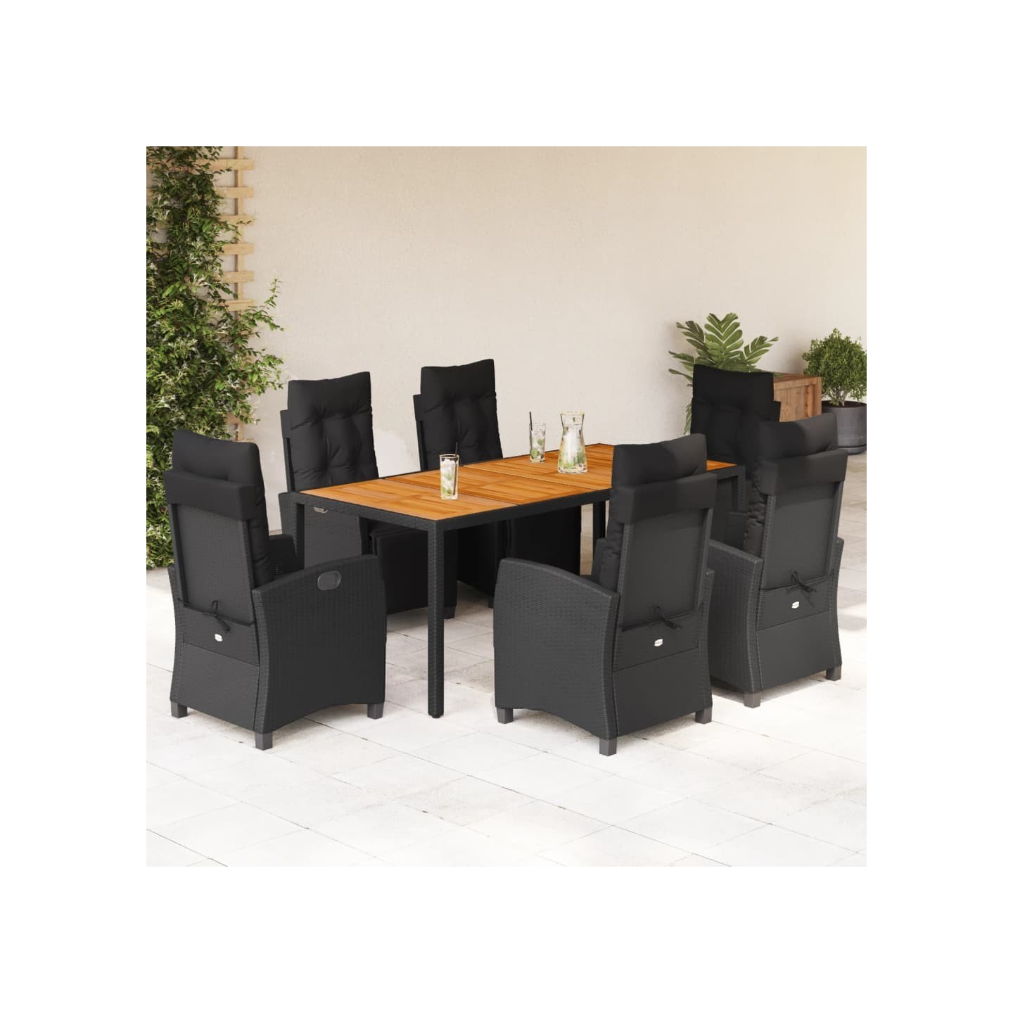 Ensemble à manger de jardin coussins 7pcs Noir Résine tressée