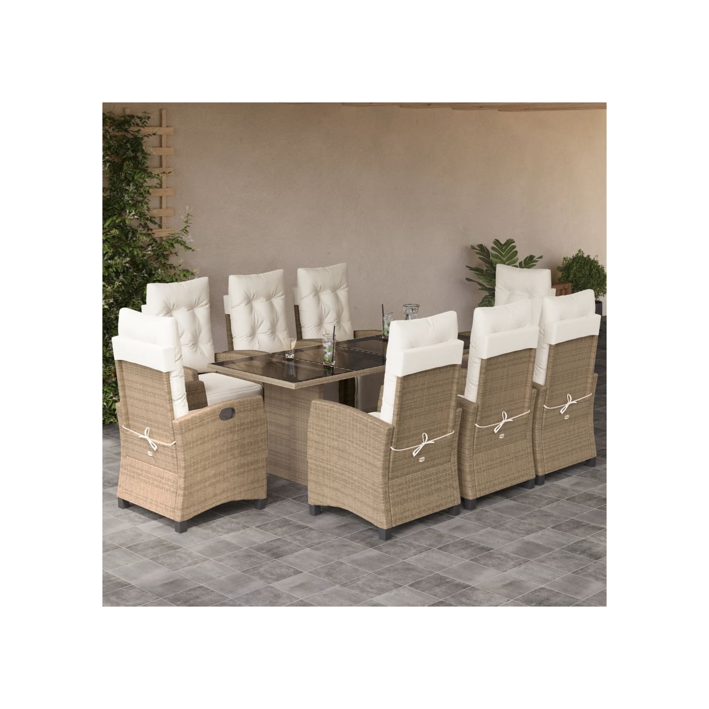 Ensemble à manger de jardin et coussins 9 pcs beige Poly rotin
