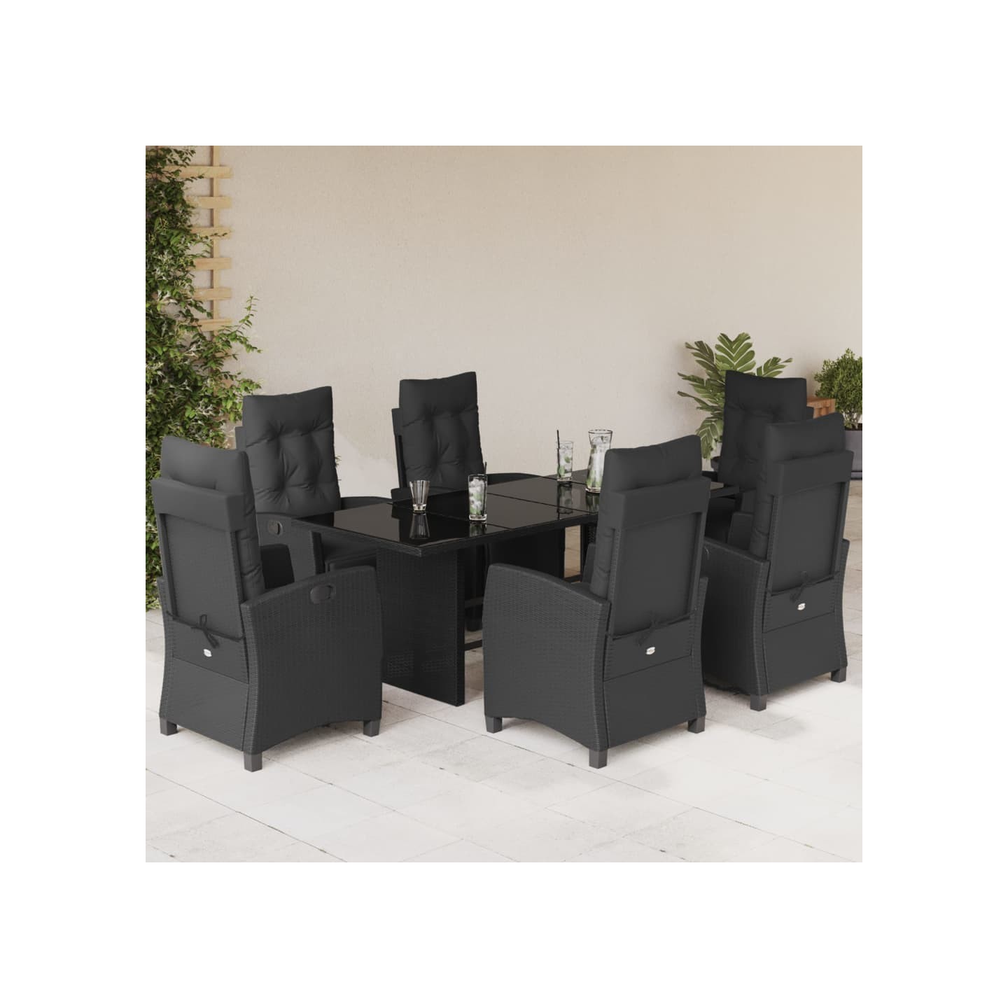 Ensemble à manger de jardin coussins 7pcs Noir Résine tressée