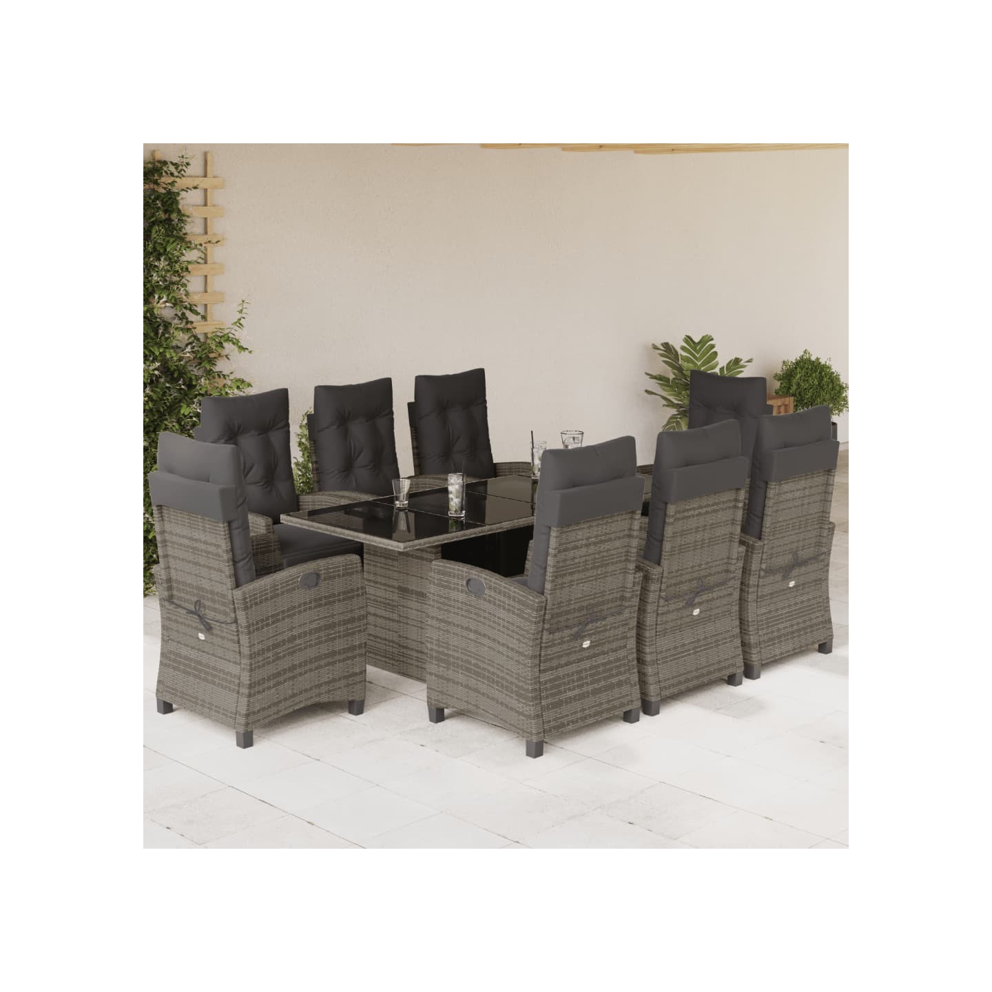 Ensemble à manger de jardin 9 pcs coussins gris résine tressée
