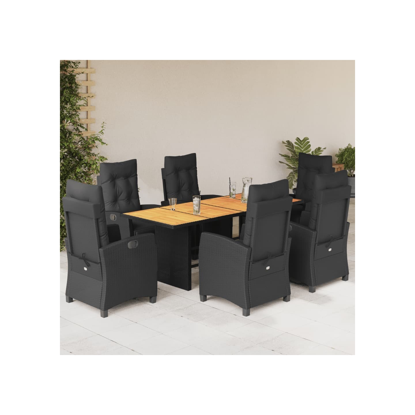 Ensemble à manger de jardin coussins 7pcs Noir Résine tressée