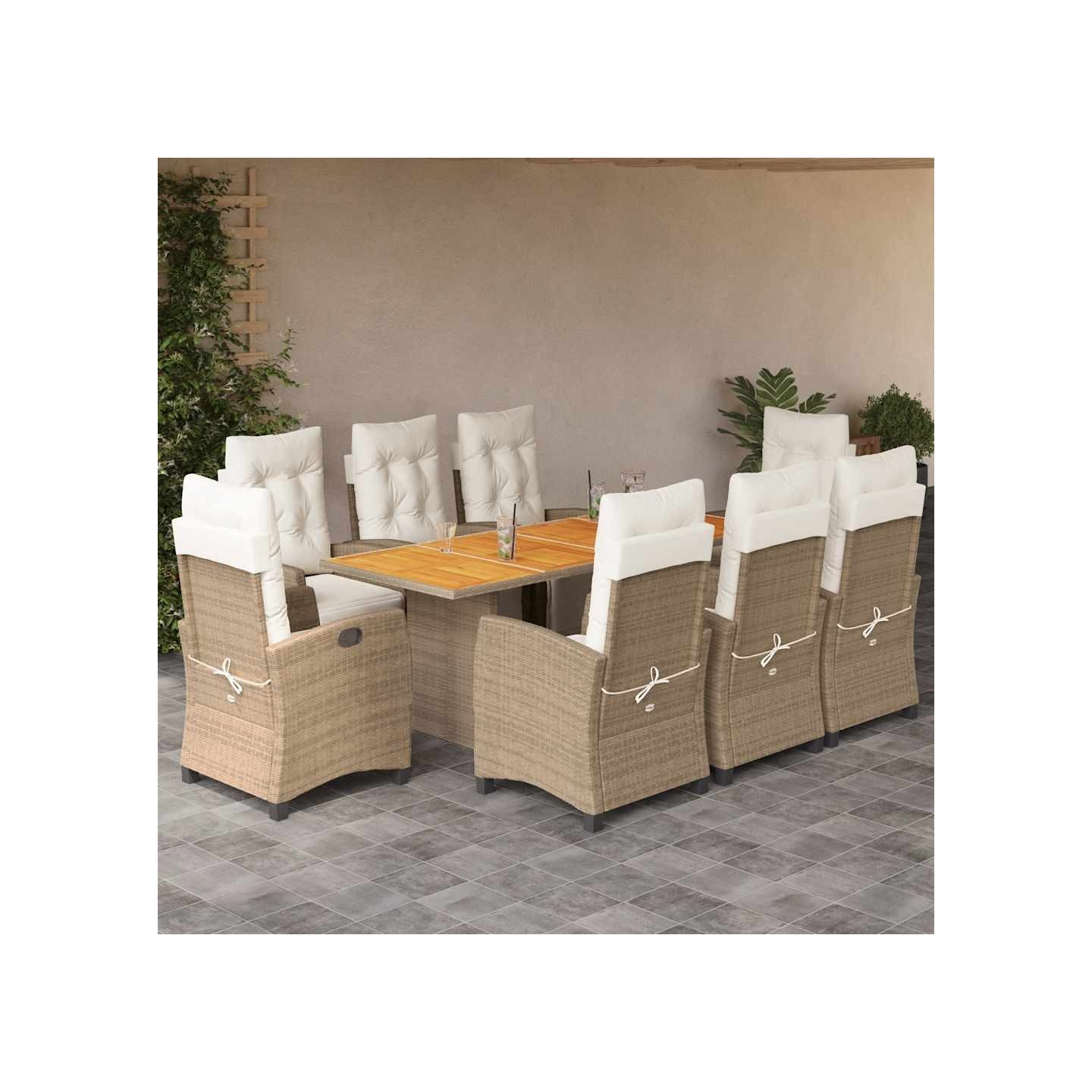 Ensemble à manger de jardin et coussins 9 pcs beige Poly rotin