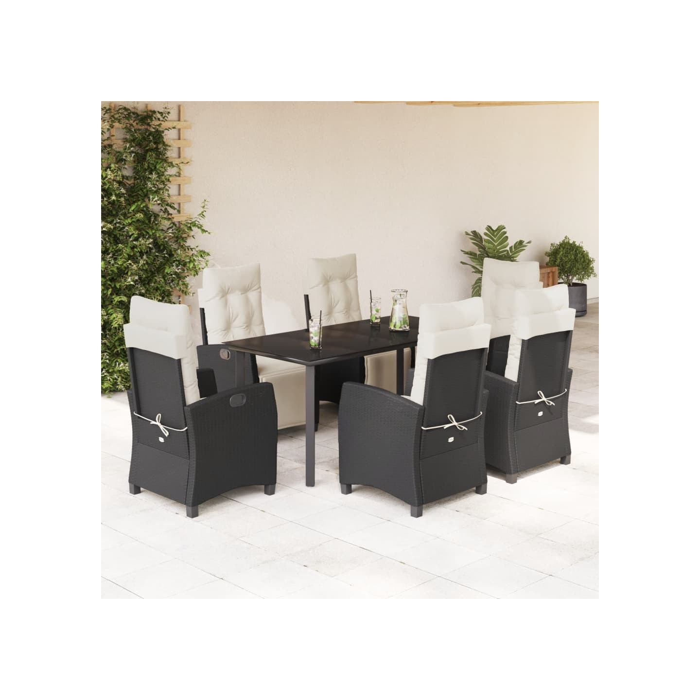 Ensemble à manger de jardin coussins 7pcs Noir Résine tressée