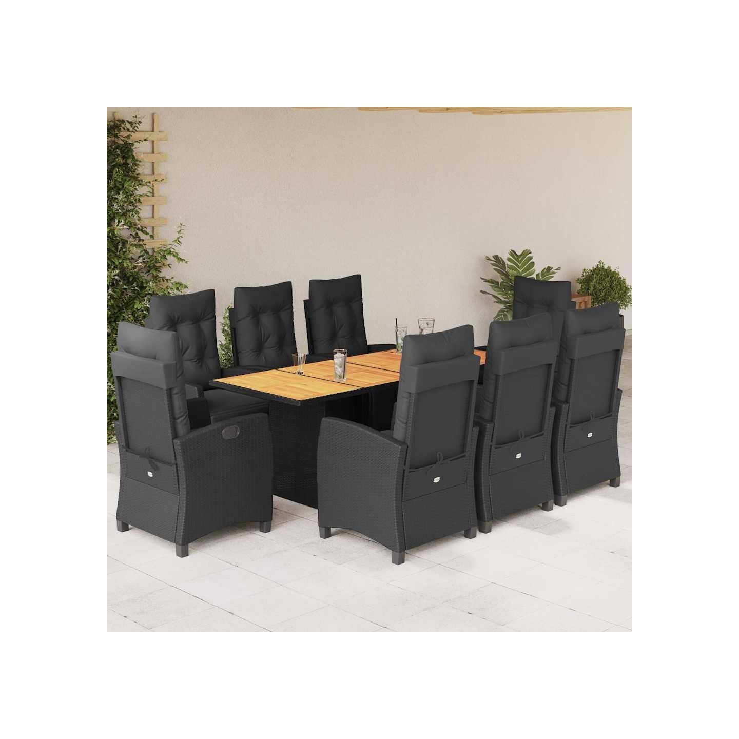 Ensemble à manger de jardin 9pcs coussins noir résine tressée